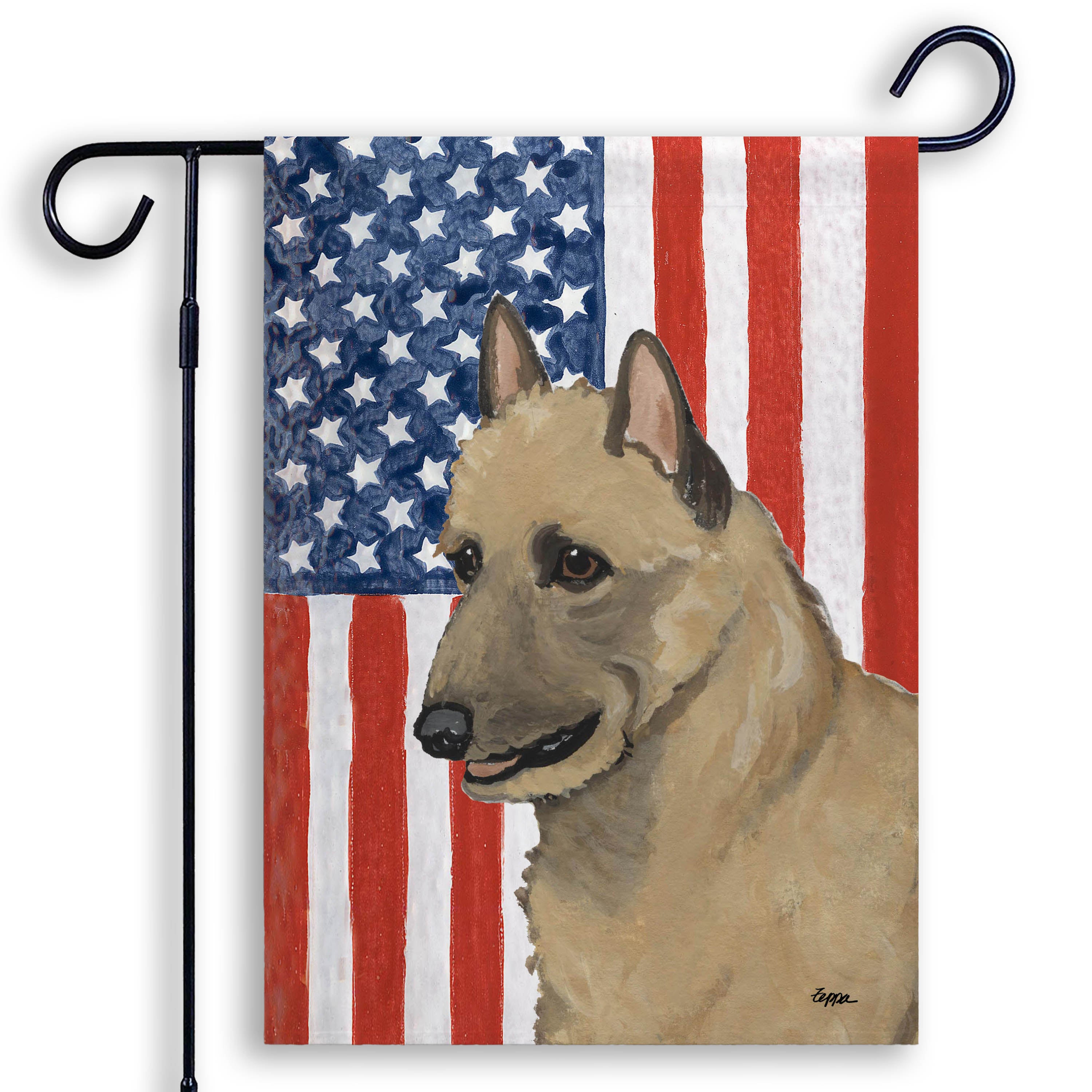 Patriotic garden flag with a Belgian Laekenois on an American flag background