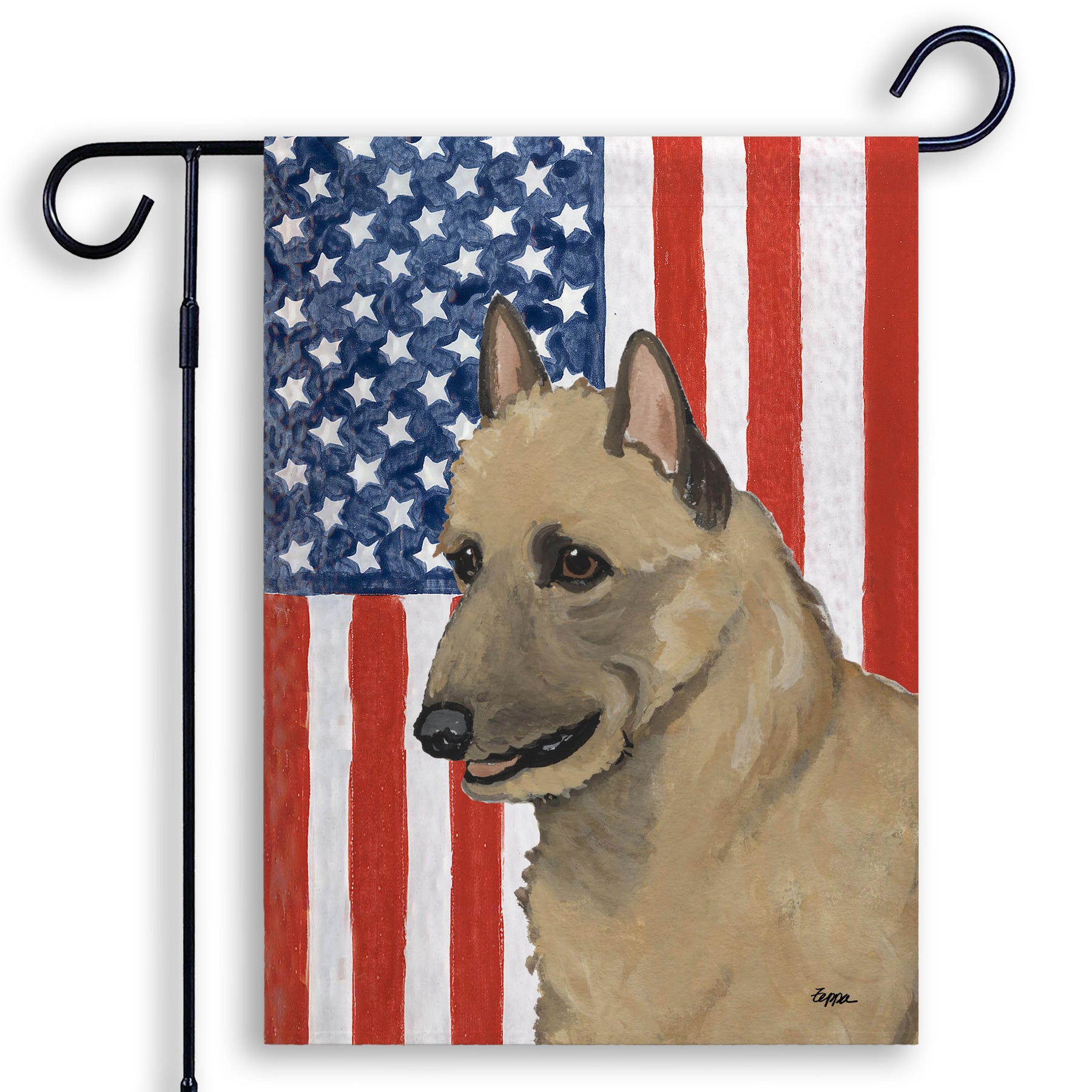 Patriotic garden flag with a Belgian Laekenois on an American flag background