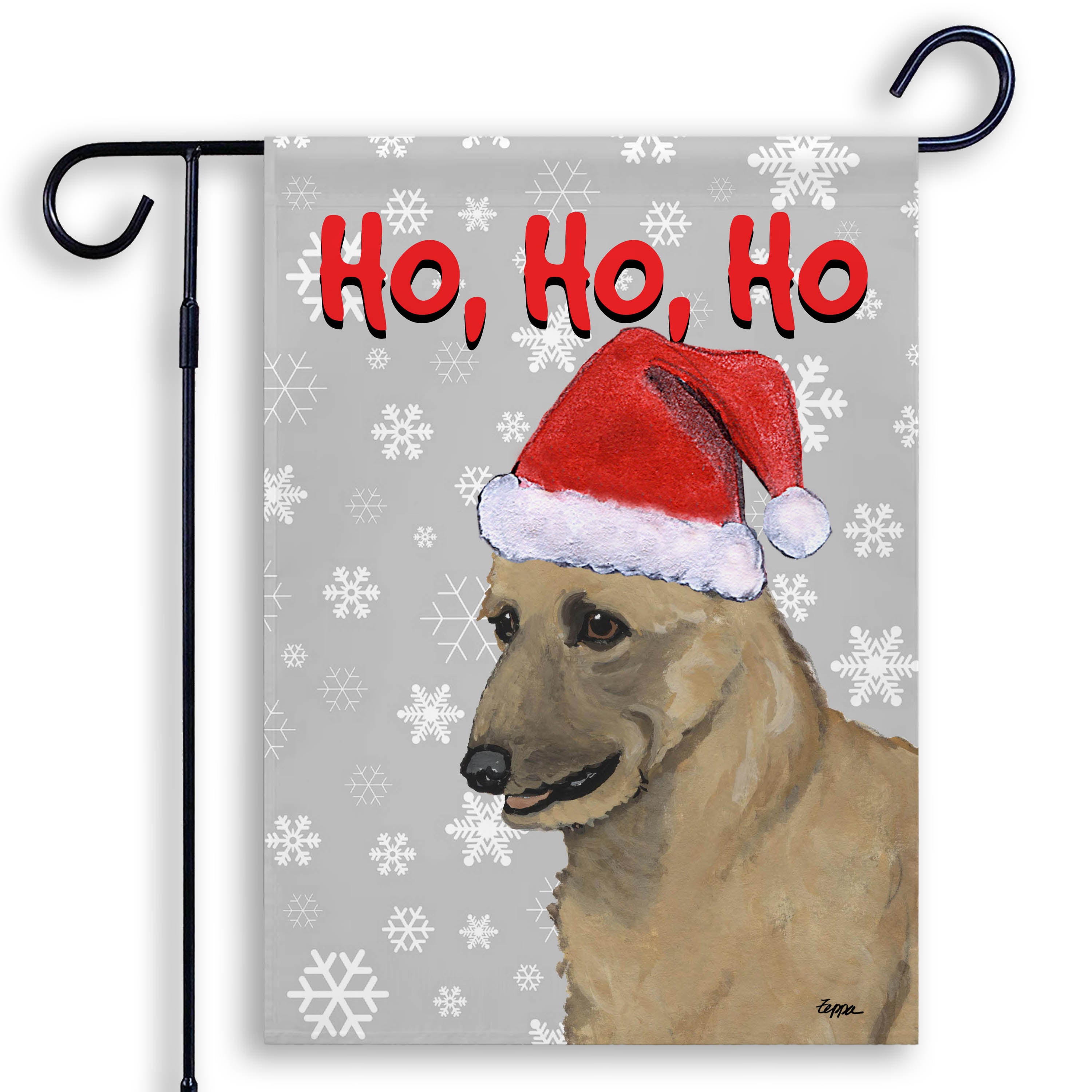 Holiday garden flag with a Belgian Laekenois in a Santa hat on a red snowflake background