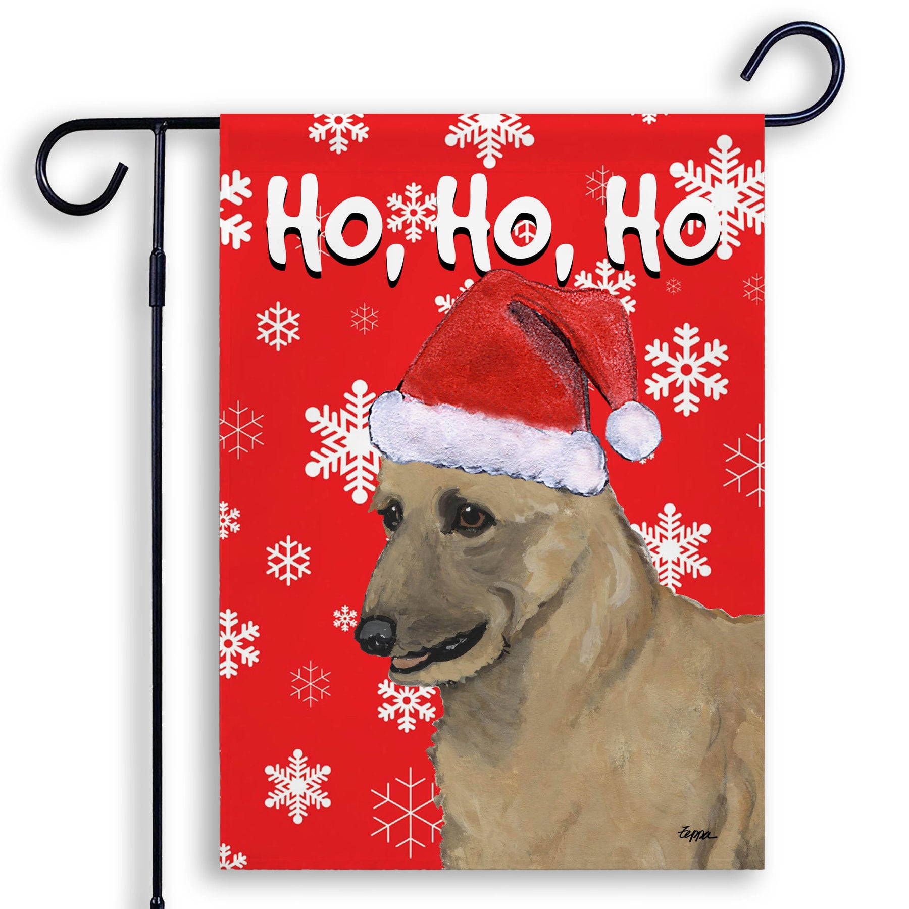 Holiday garden flag with a Belgian Laekenois in a Santa hat on a red snowflake background