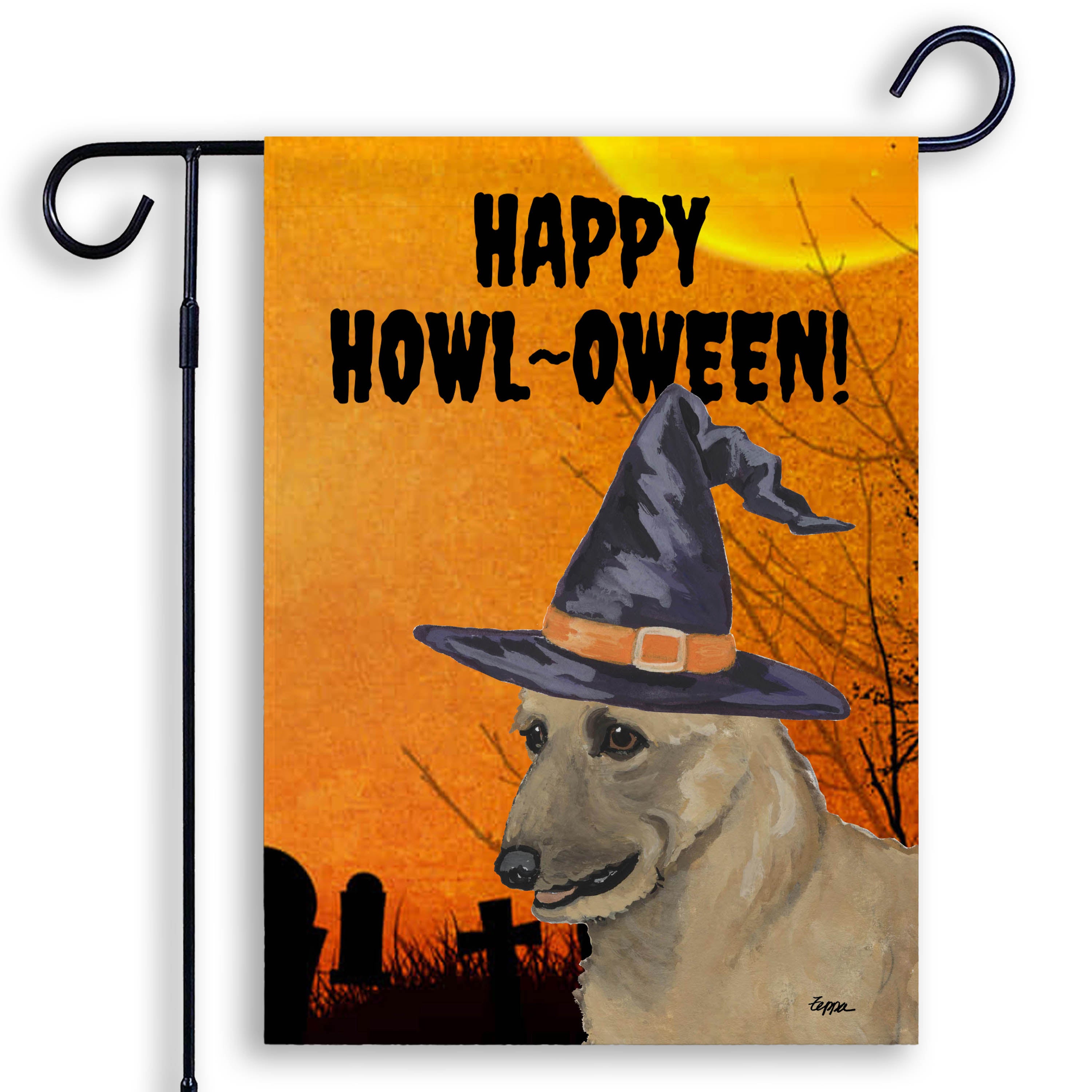 Halloween doormat with a Belgian Laekenois in a witch's hat on a spooky background
