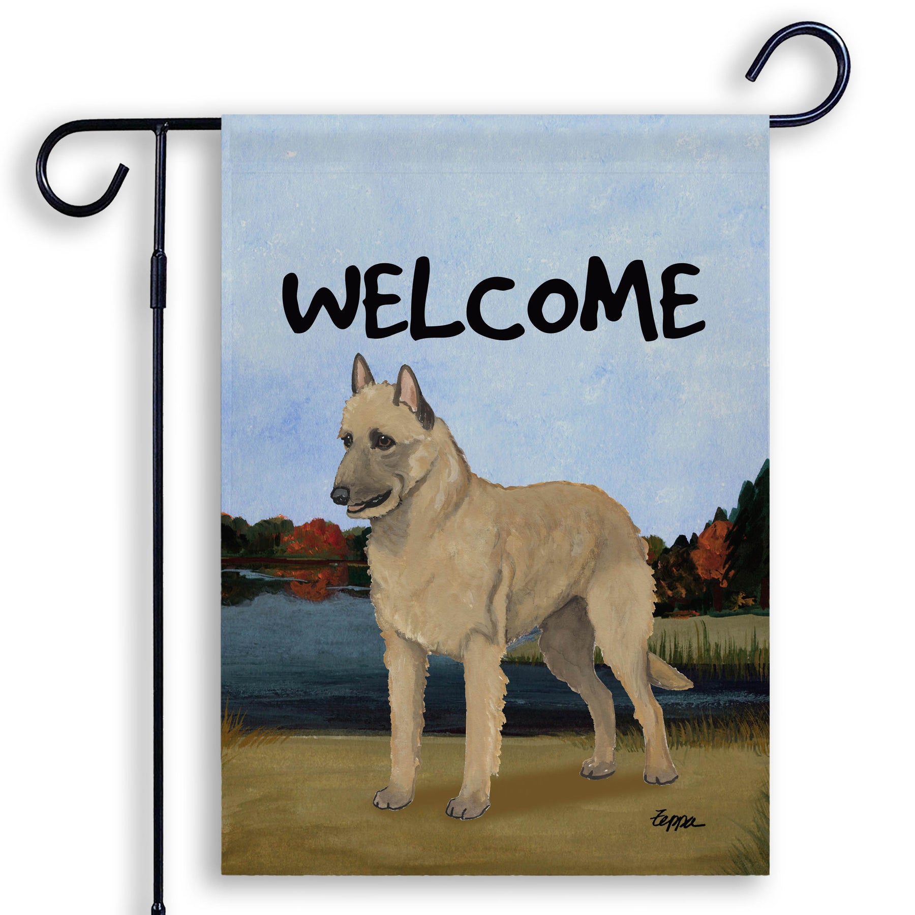 Welcome garden flag with a Belgian Laekenois on a scenic background
