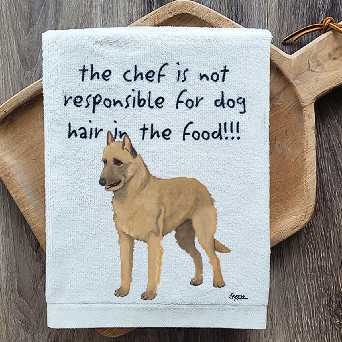 Poly/cotton kitchen towel with a Belgian Laekenois and a funny saying
