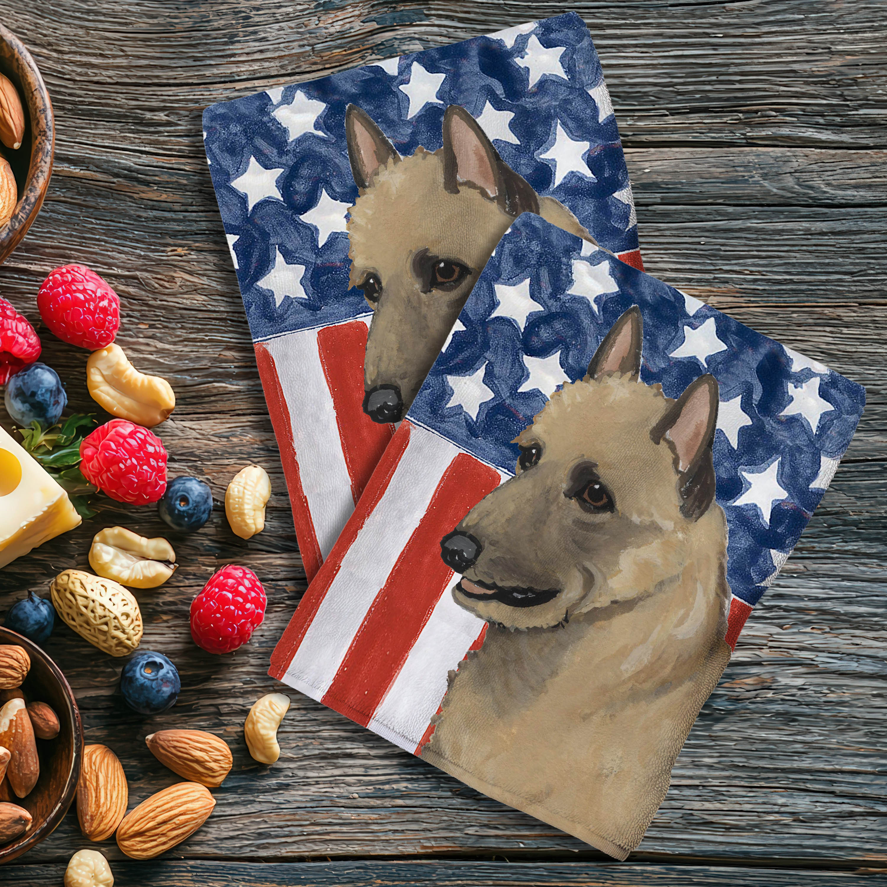 Patriotic kitchen towels with a Belgian Laekenois on an American flag background
