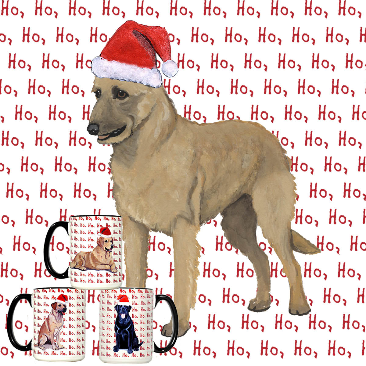 Holidaywrap mugs with a Belgian Laekenois in a Santa hat on a ho ho ho background
