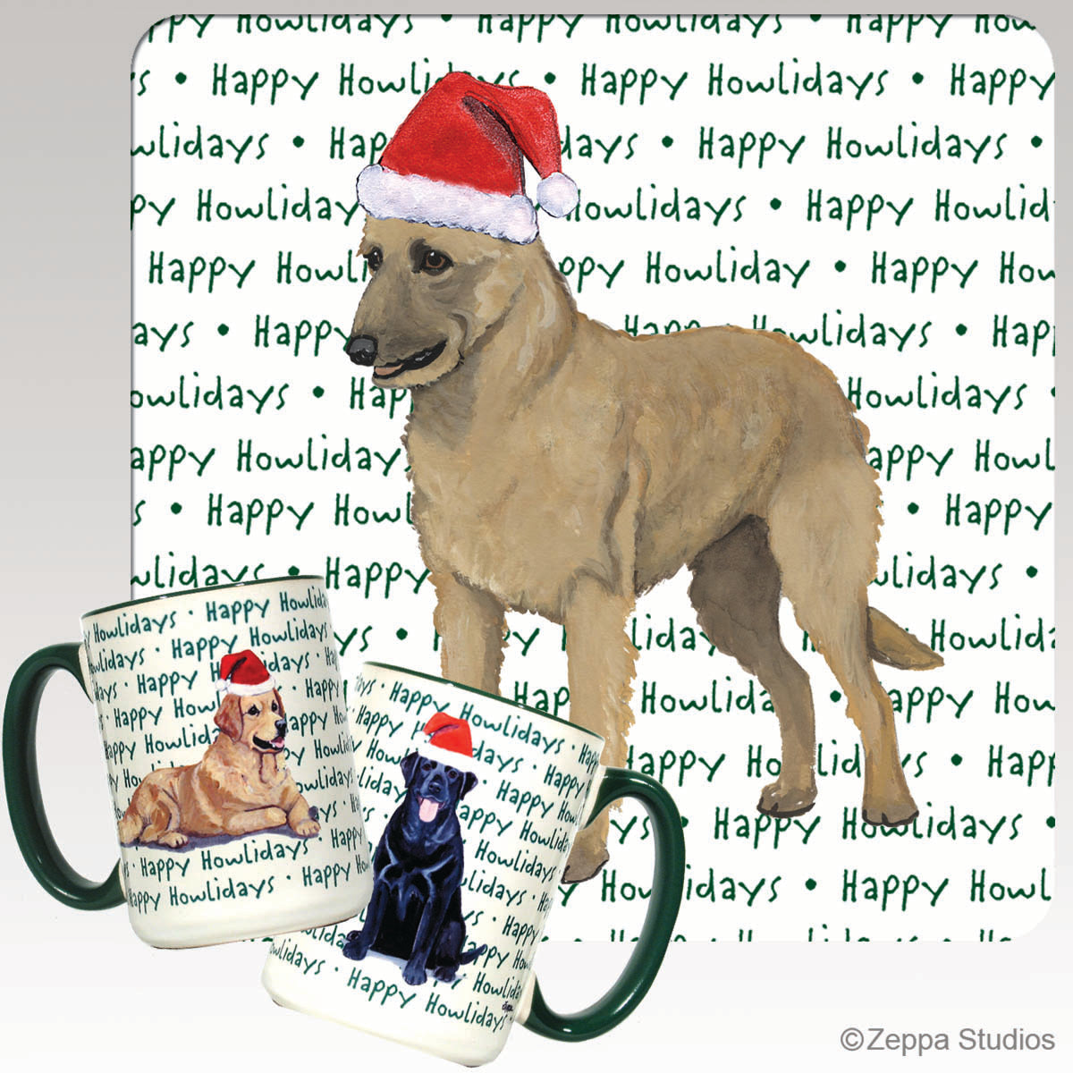 Holiday wrap mugs with a Belgian Laekenois in a Santa hat on a happy howlidays background

