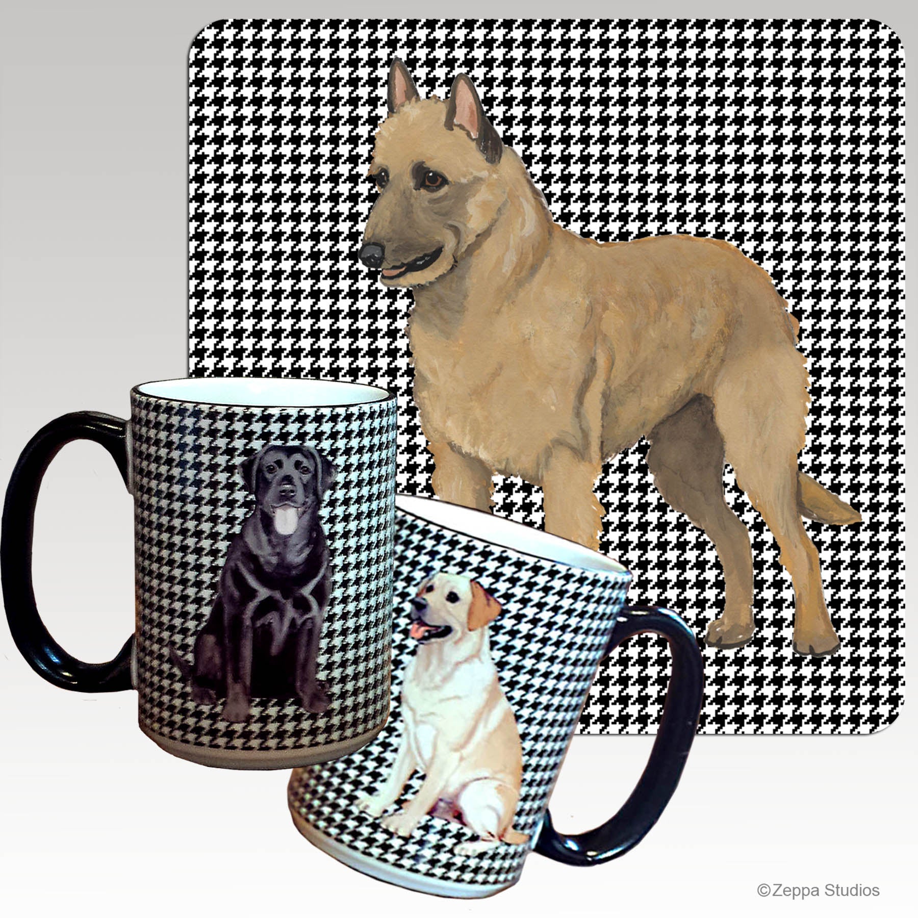 Houndstooth background wrap mug with a Belgian Laekenois design.