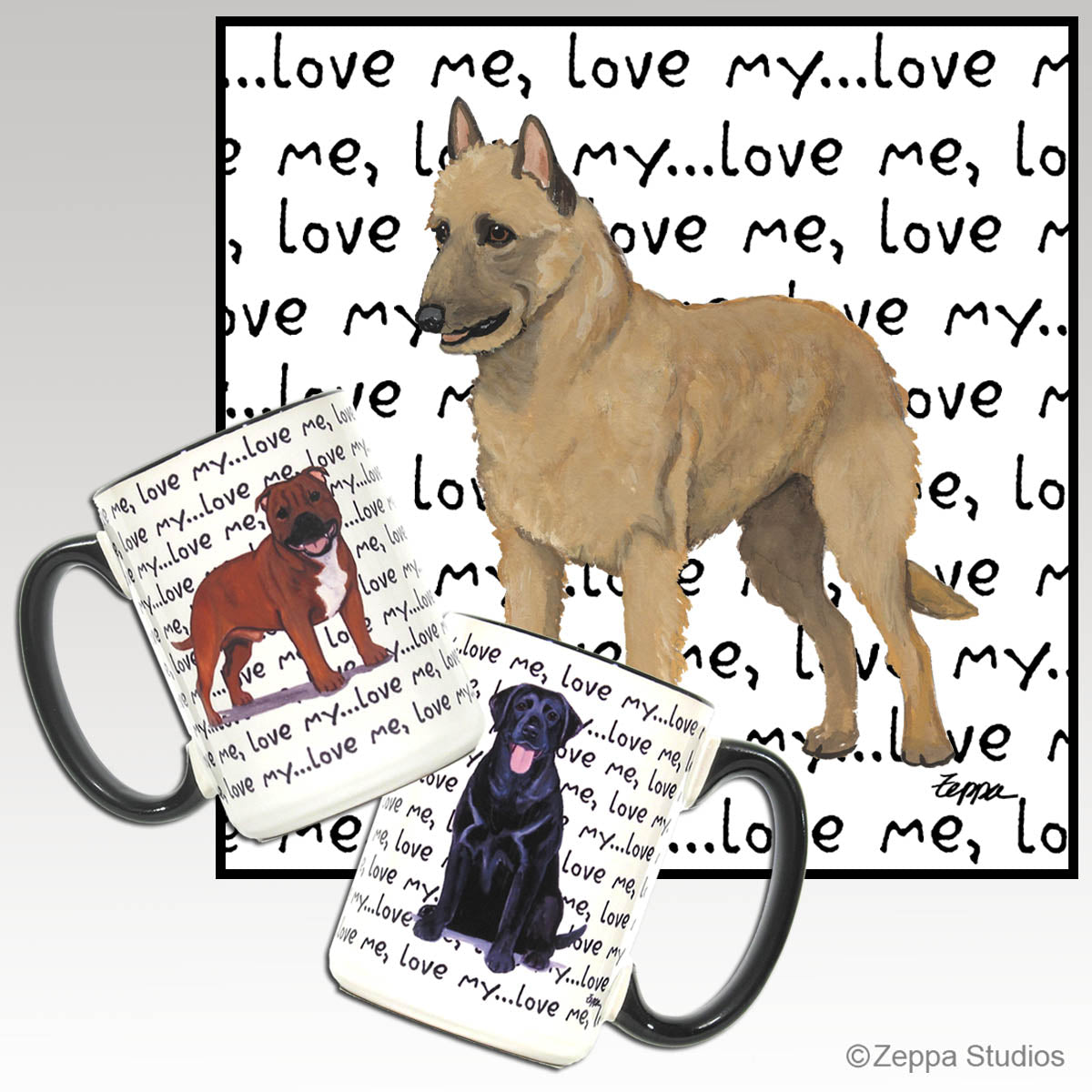 Love me, love my... text  background wrap mug with a Belgian Laekenois design.