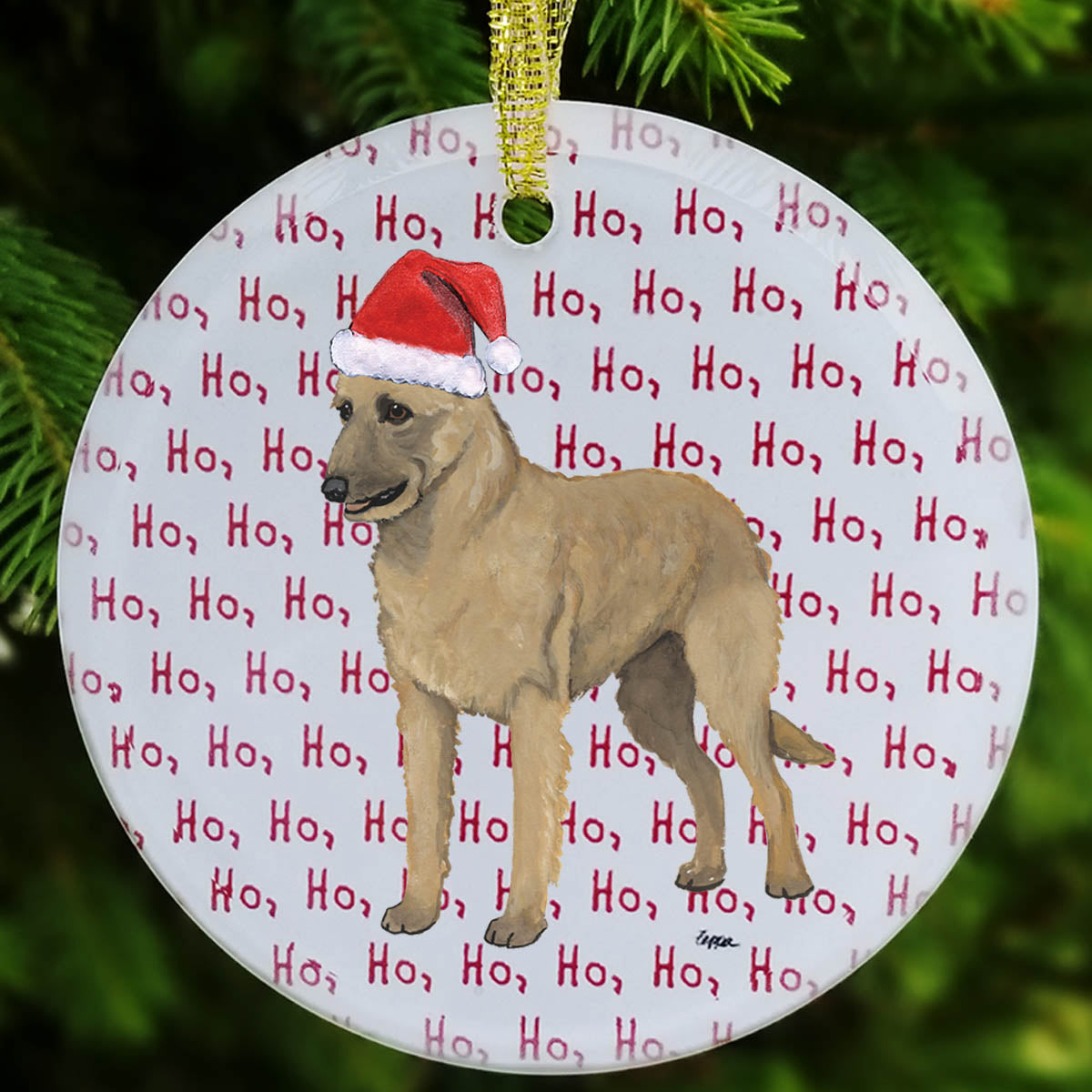 Christmas ornament with a Belgian Laekenois in a Santa hat on a ho ho ho background
