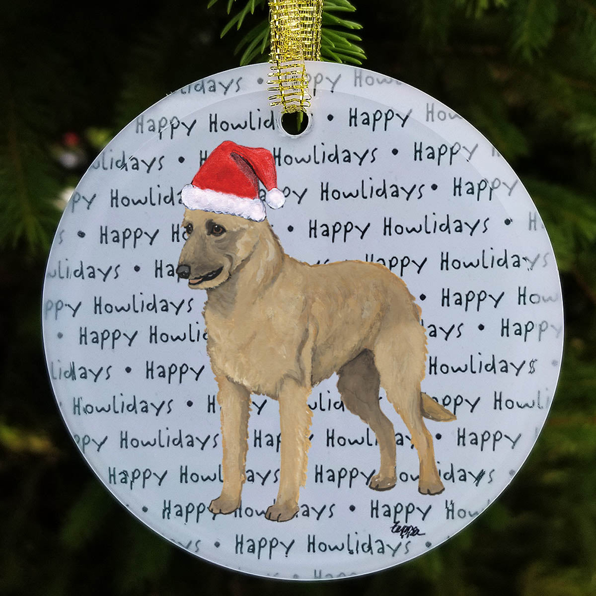 Holiday ornament with a Belgian Laekenois in a Santa hat on a happy howlidays background
