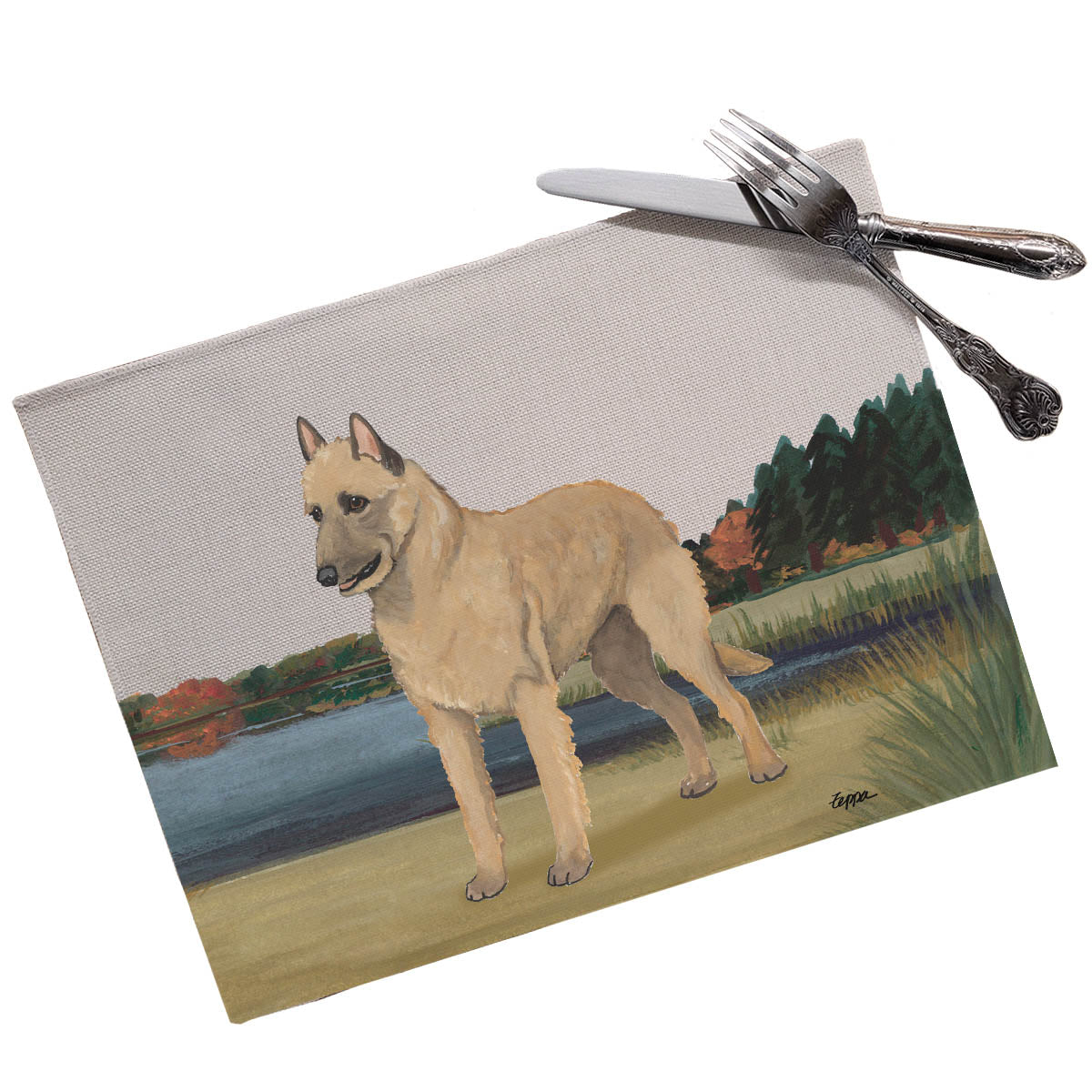 Scenic placemats with a Belgian Laekenois on a lake background