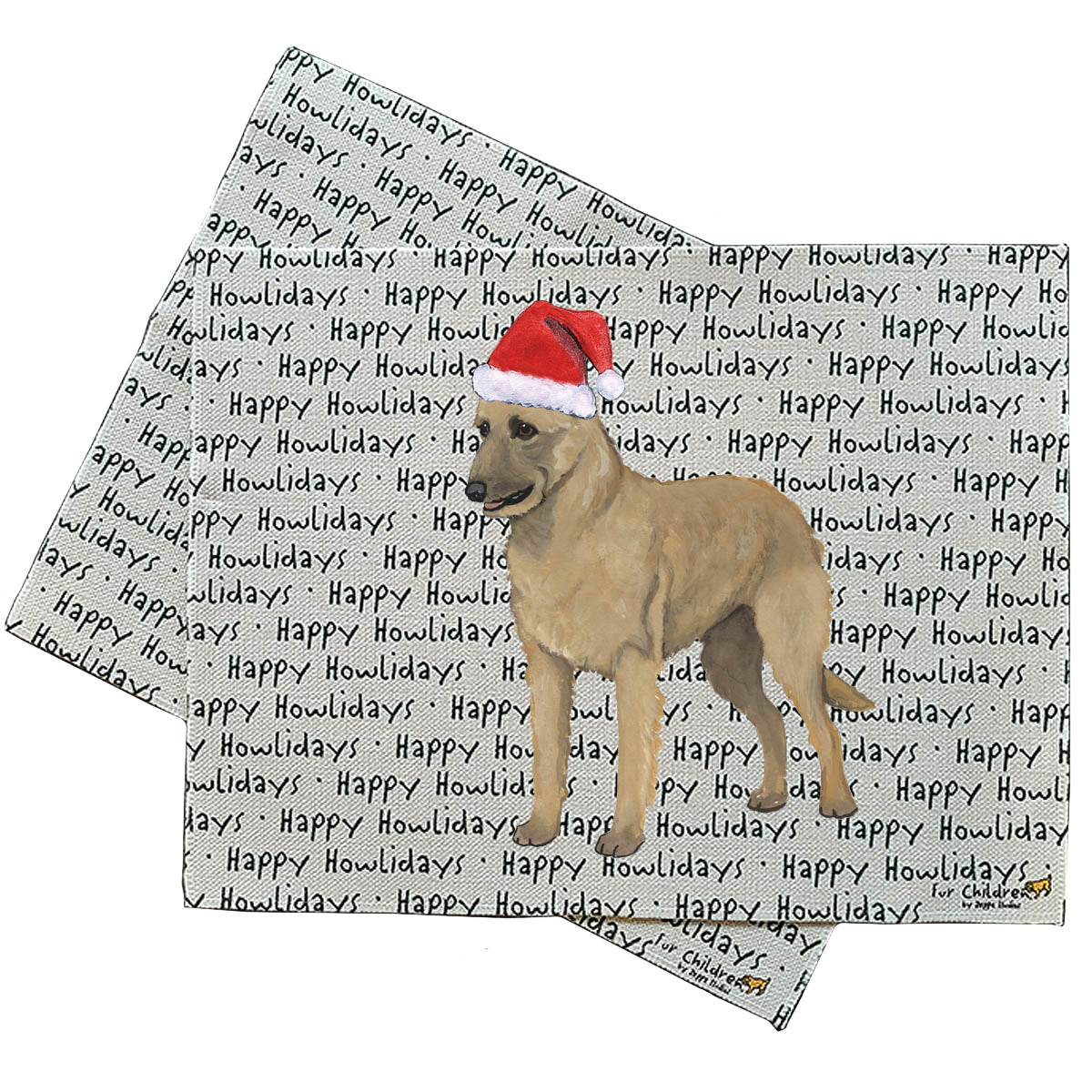Holiday placemats with a Belgian Laekenois in a Santa hat on a happy howlidays background