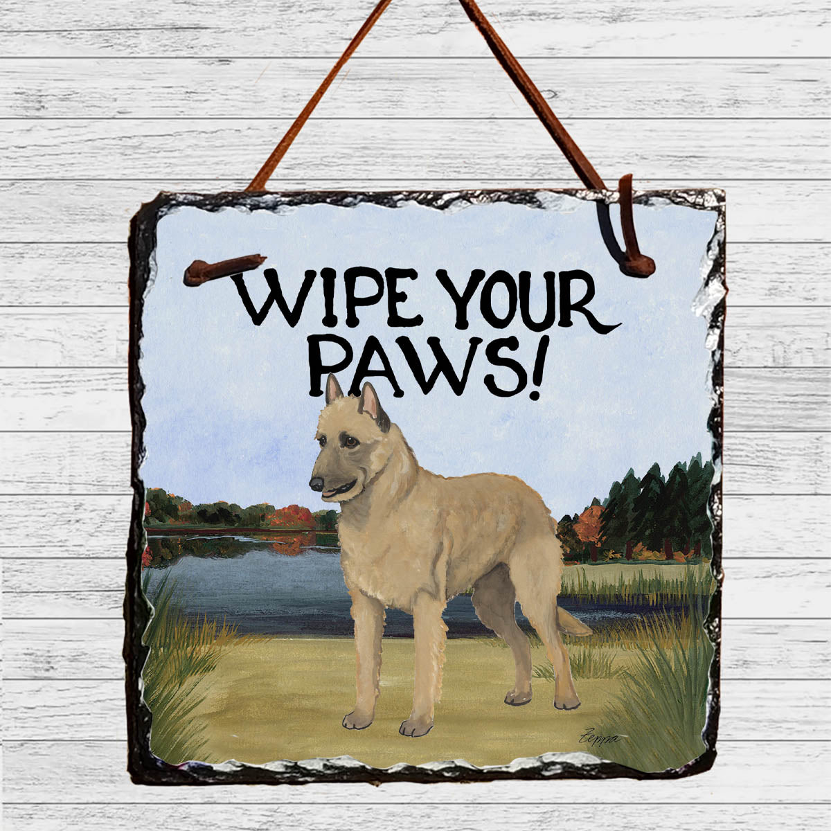 Wipe Your Paws slate sign with a Belgian Laekenois on a scenic background

