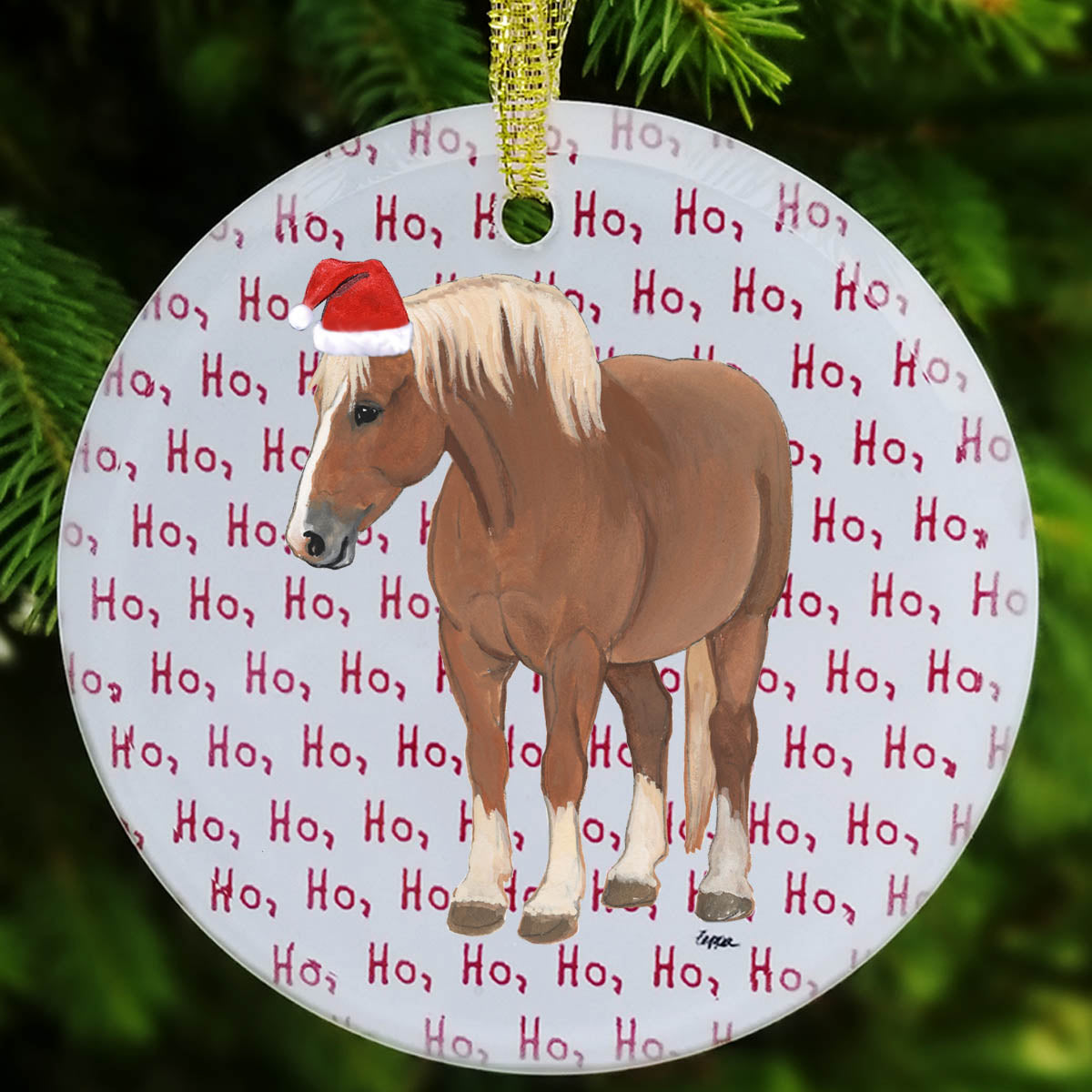Round Christmas ornament with a Belgian horse wearing a Santa hat on a background of 'Ho, Ho, Ho' text.