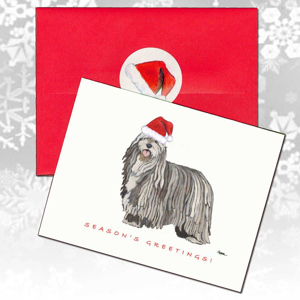 Christmas card with a Bergamasco wearing a Santa hat and red envelope 