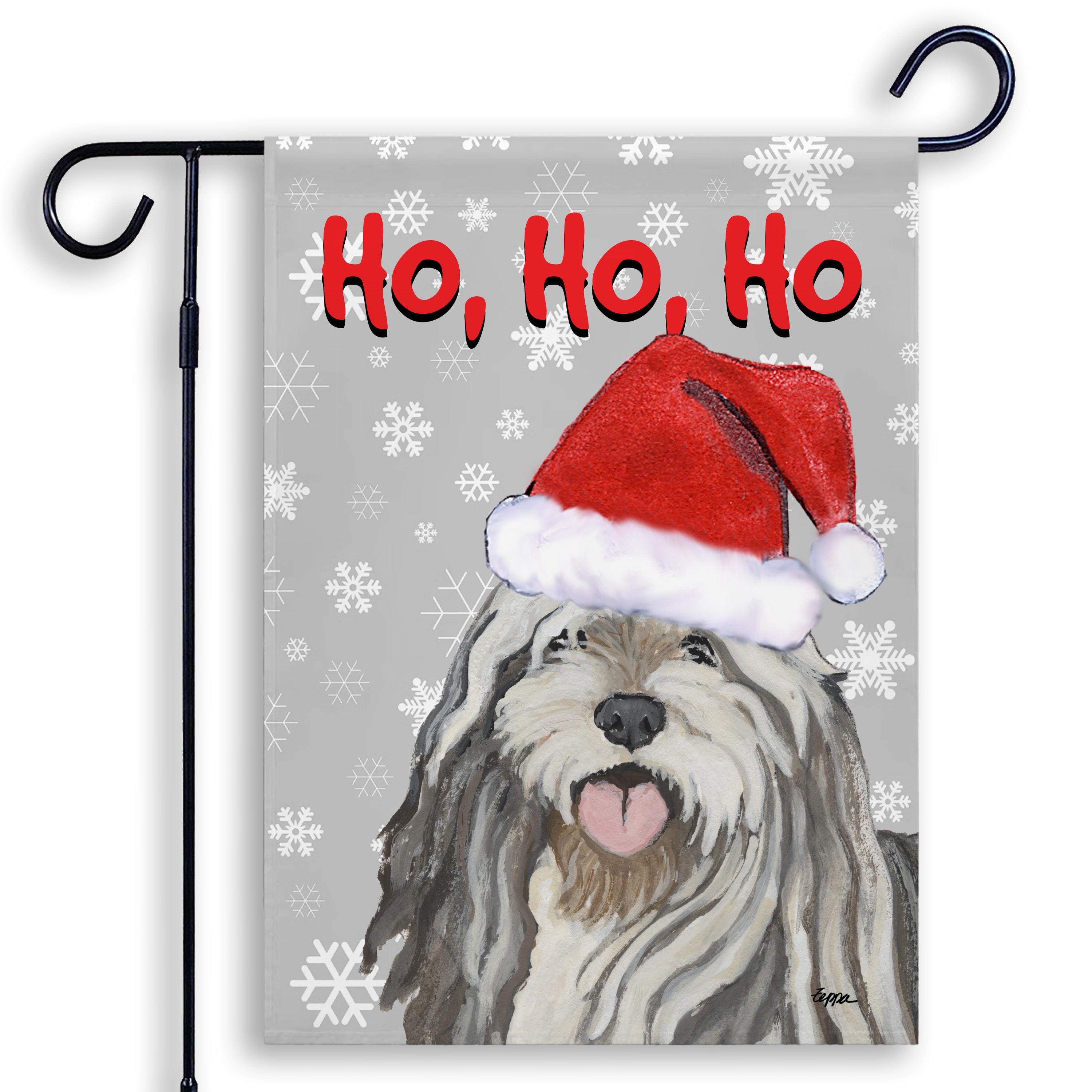 Christmas-themed garden flag with a Bergamasco wearing a Santa hat and 'Ho, Ho, Ho' text on a grey background with snowflakes.