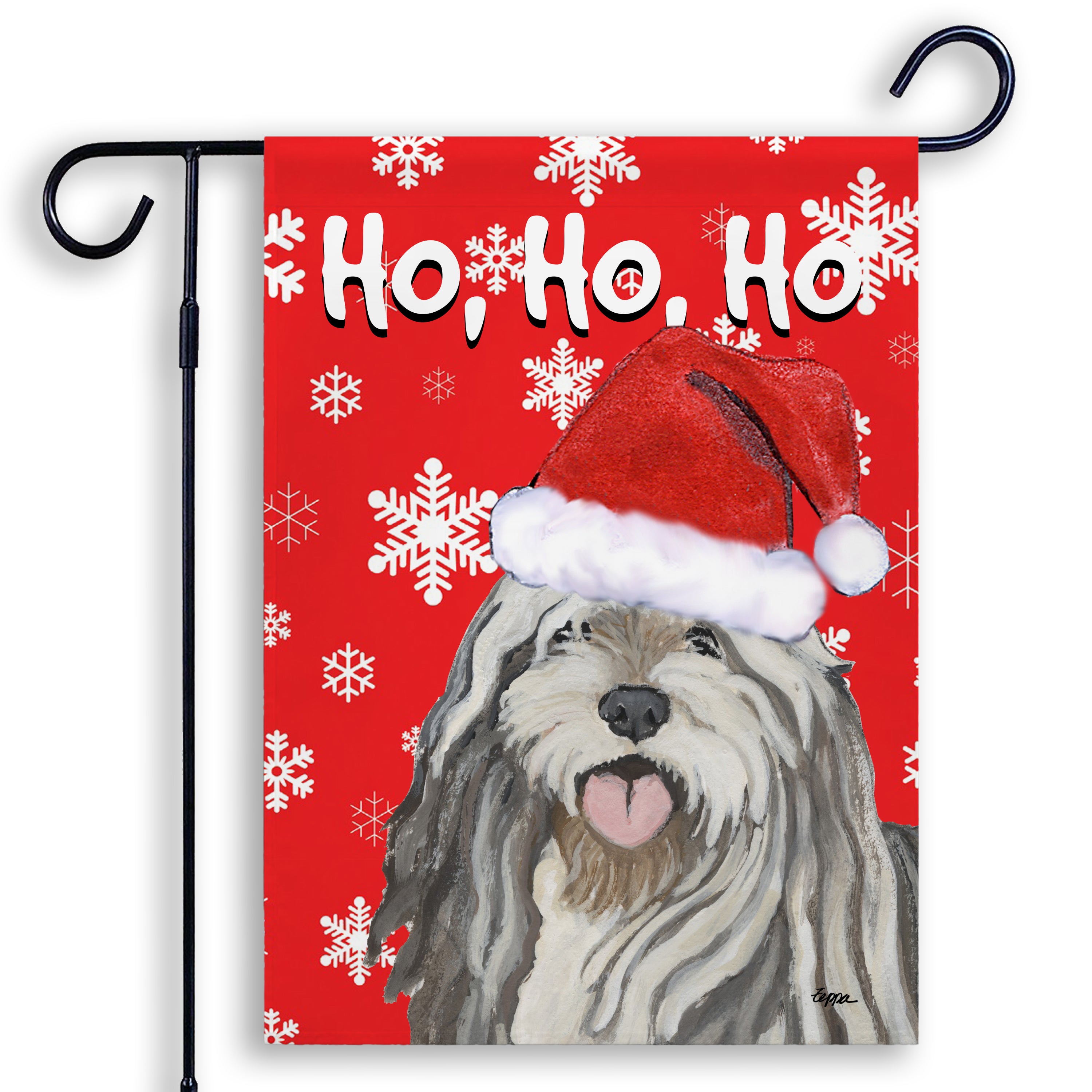 Christmas-themed garden flag with a Bergamasco wearing a Santa hat and 'Ho, Ho, Ho' text on a red background with snowflakes.