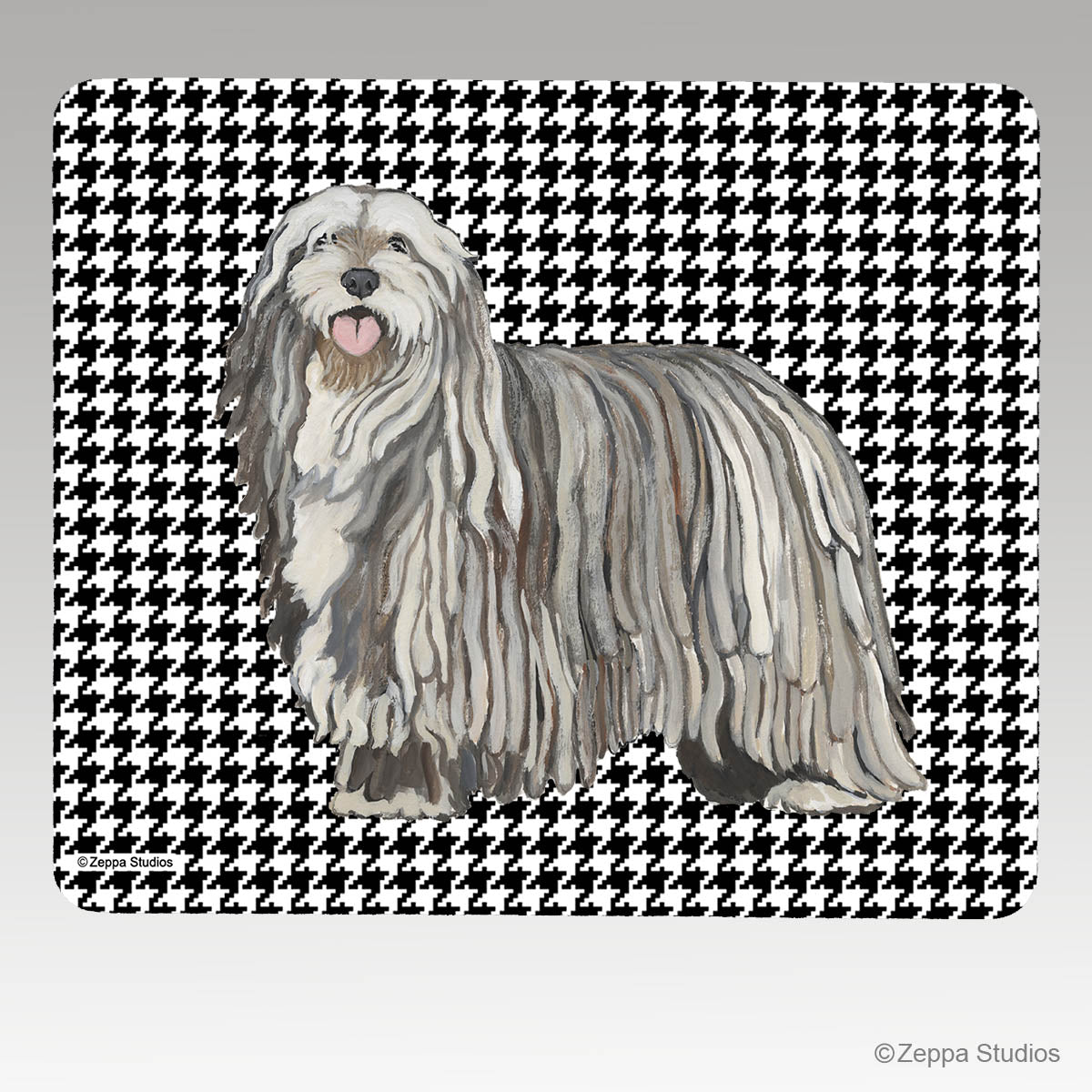 Bergamasco on a houndstooth patterned background mousepad