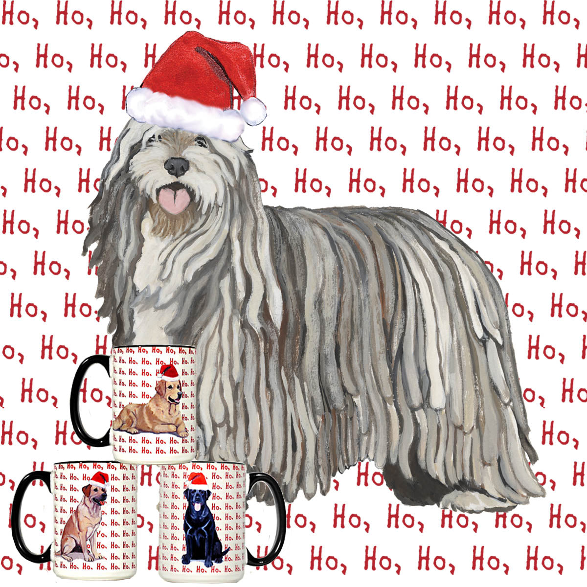 Mug with a Bergamasco wearing a Santa hat on a background of 'Ho Ho Ho' text