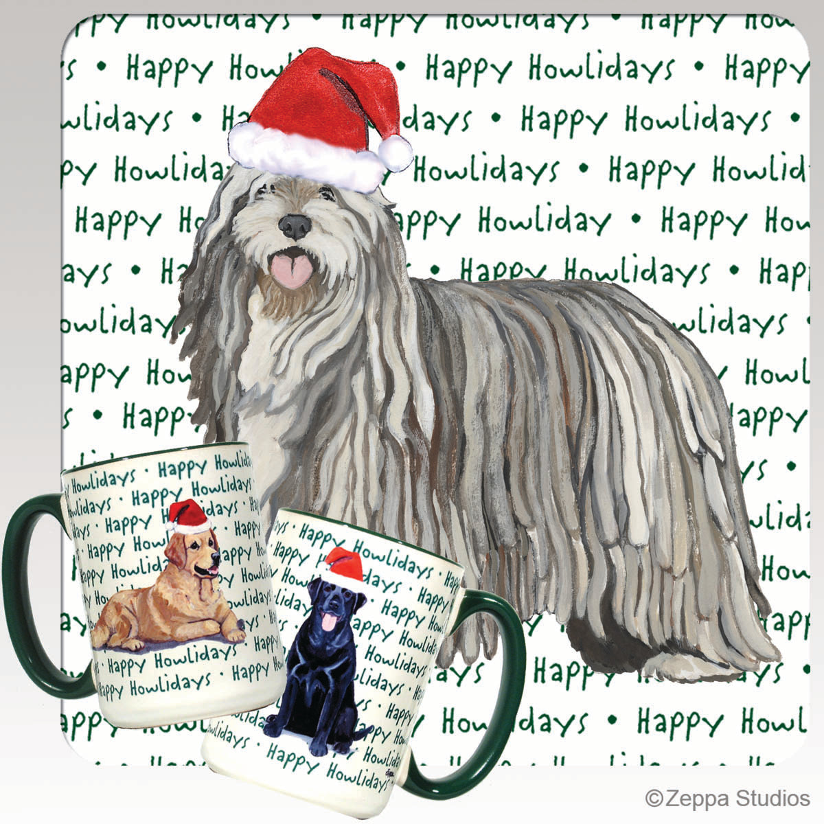 Mug with a Bergamasco wearing a Santa hat on a background of 'Happy Howlidays' text