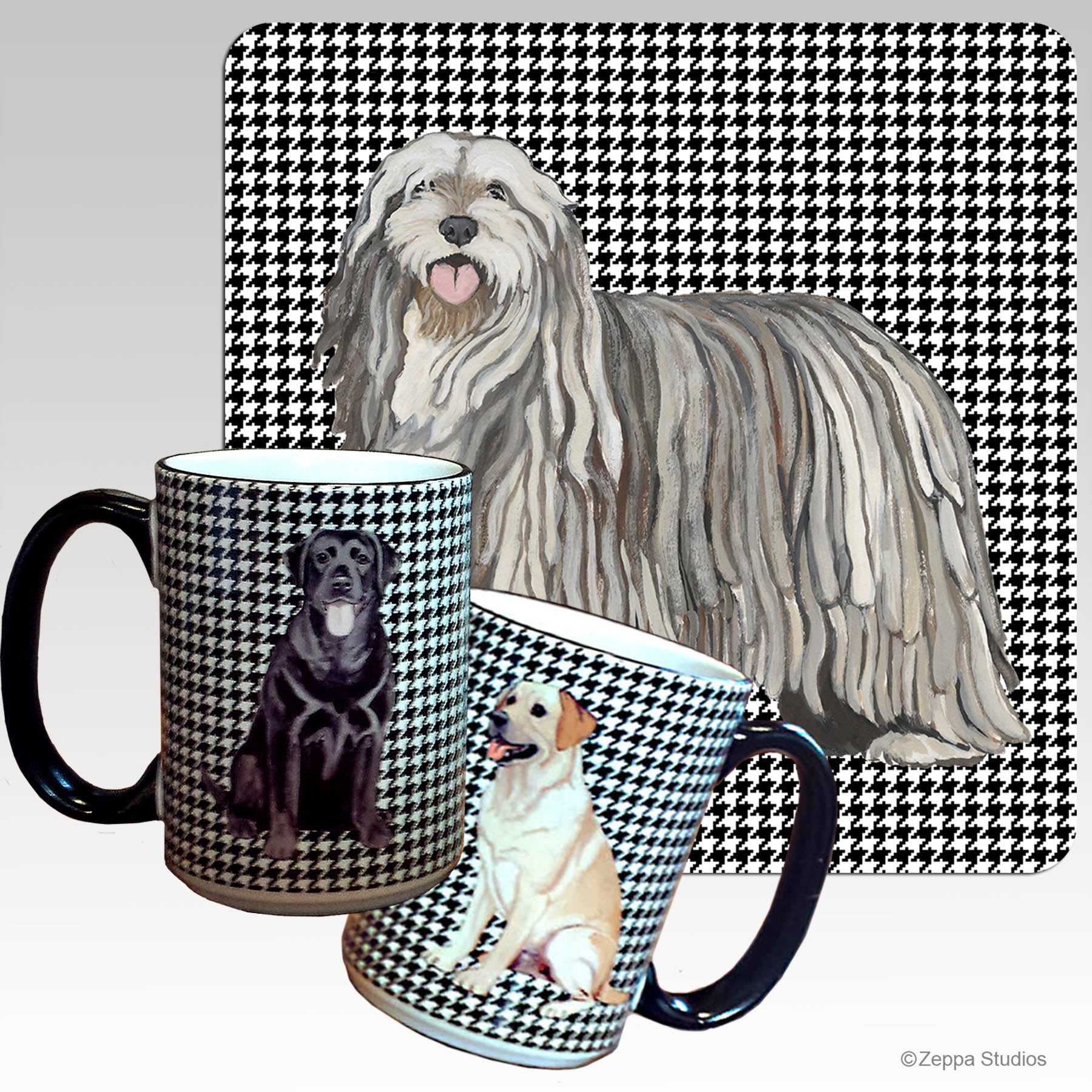 Bergamasco on a houndstooth patterned background on a mug