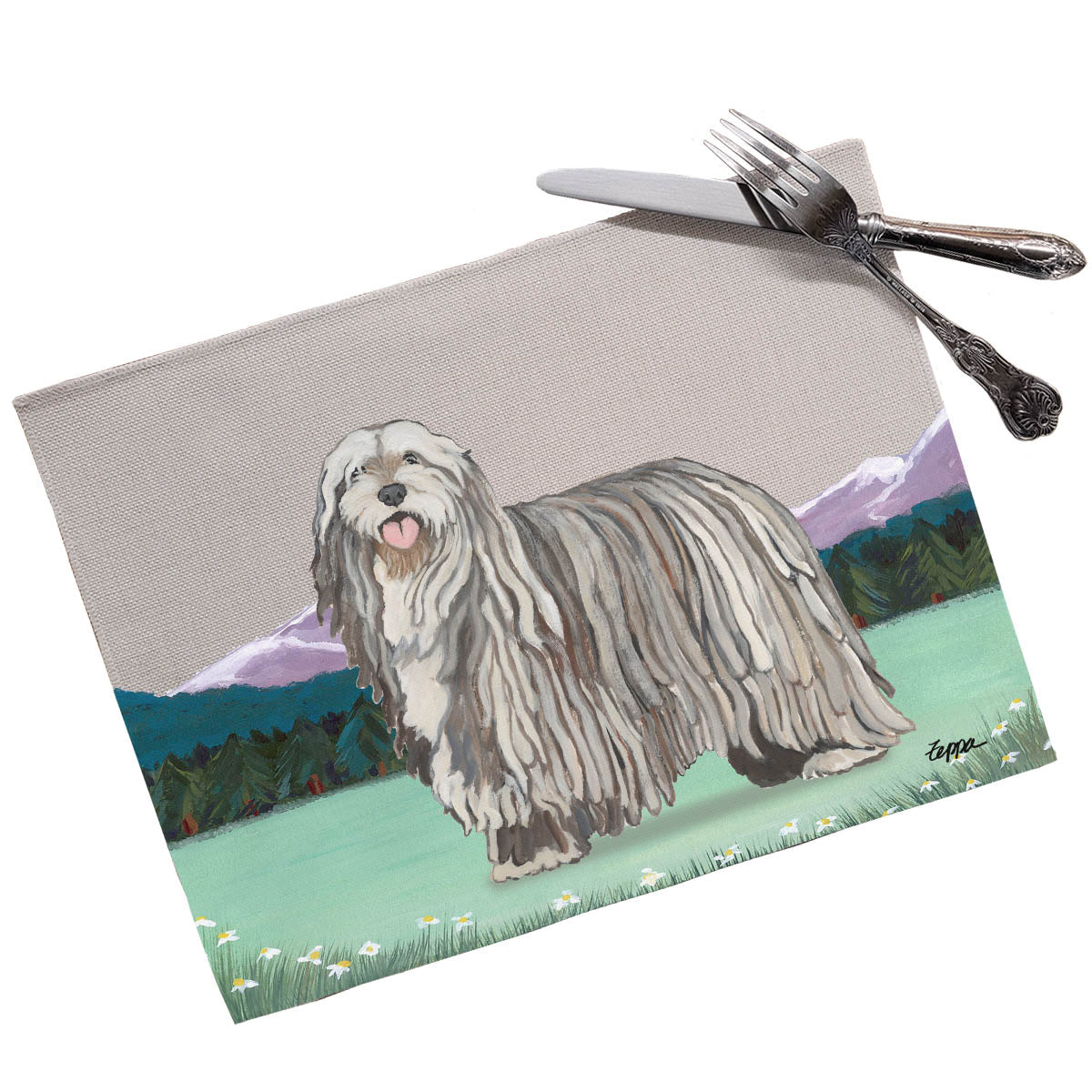 Placemat with a Bergamasco on a scenic background