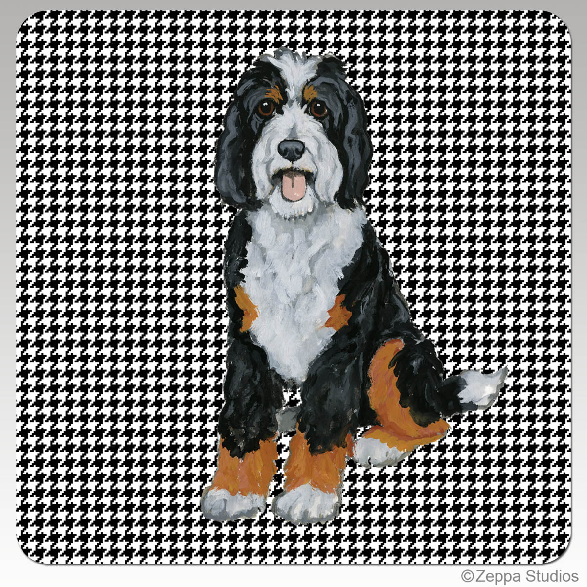 Bernedoodle on Houndstooth Background Coasters