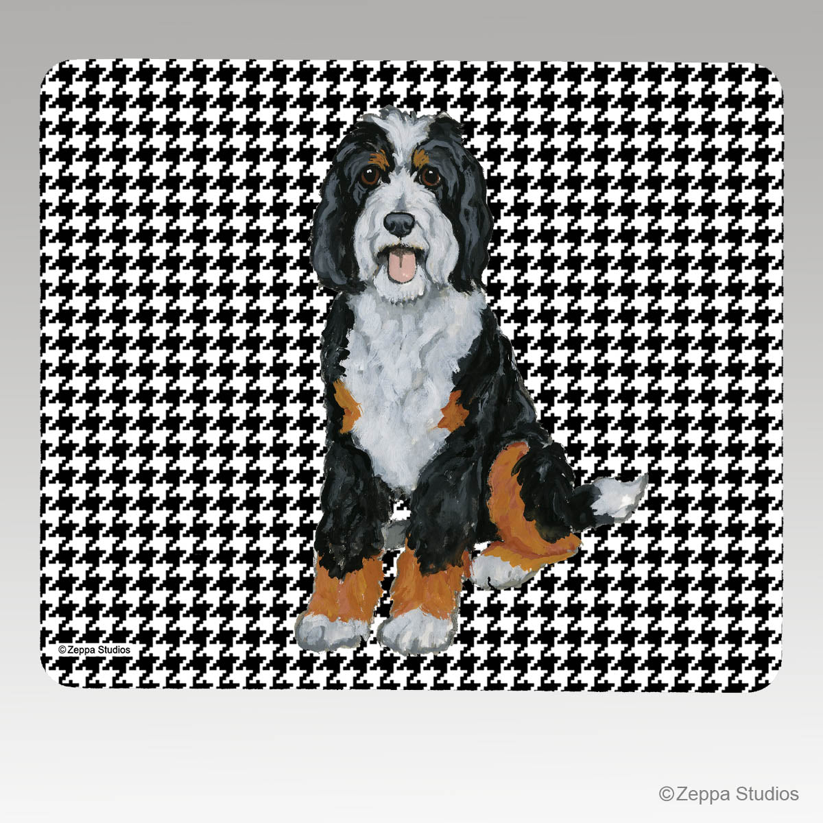 Bernedoodle on Houndstooth background Mouse Pad