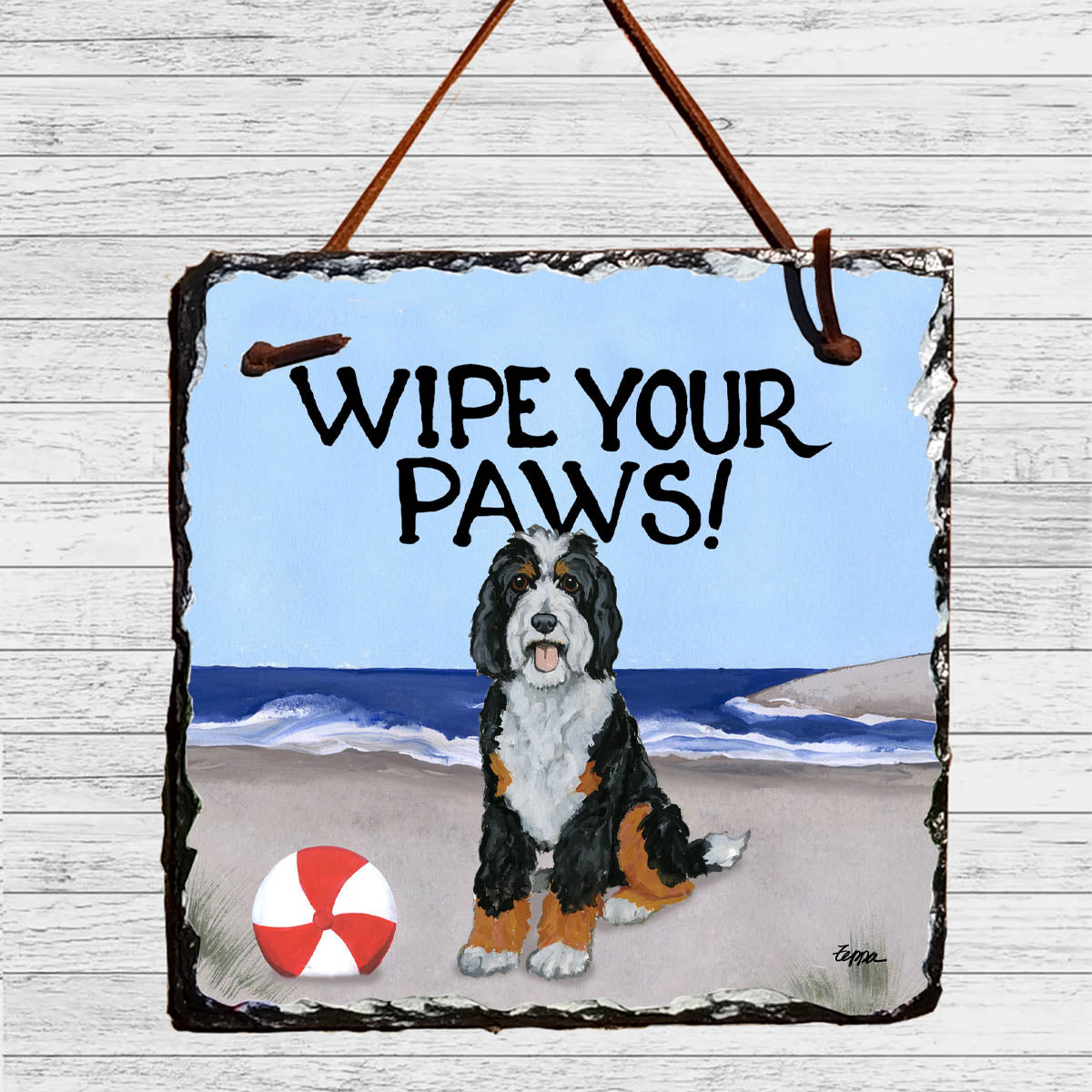 bernedoodle on the beach wipe your paws sign