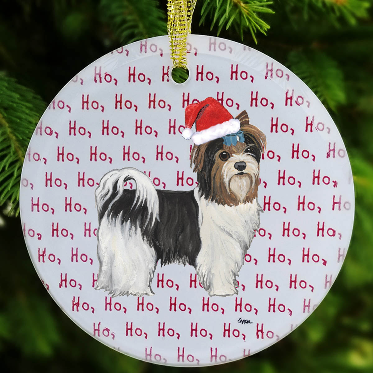 Biewer Terrier Puppy Clip Ho Ho Ho Ornaments