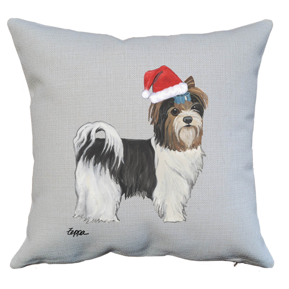 Biewer Terrier Puppy Clip Santa Pillow