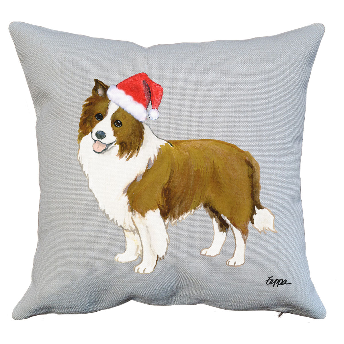 Brown and White Border Collie Santa Pillow
