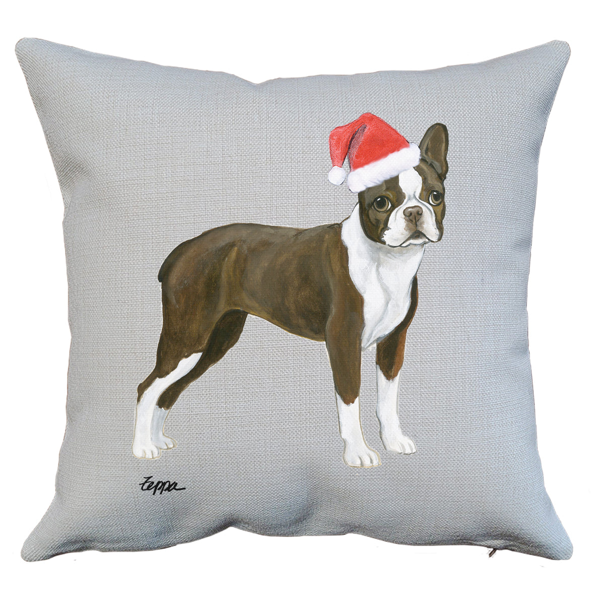 Liver and White Boston Terrier Santa Pillow
