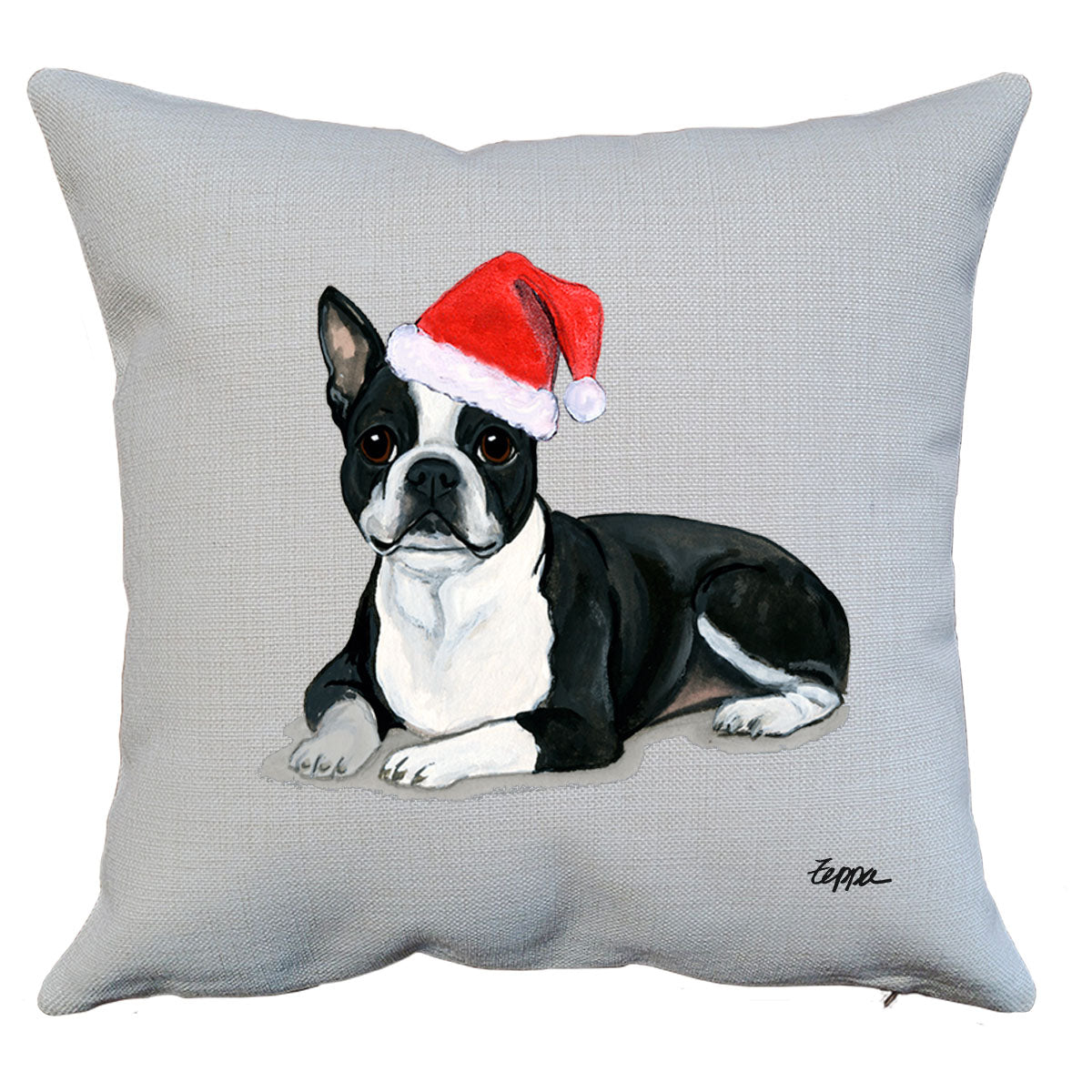 Boston Terrier Lying Down Santa Pillow