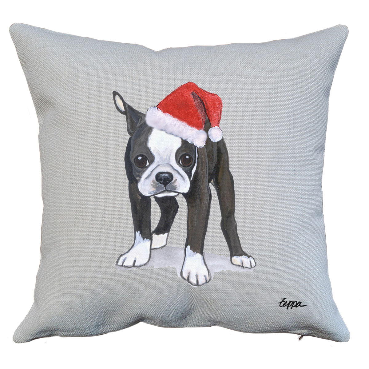 Boston Terrier Puppy Santa Pillow