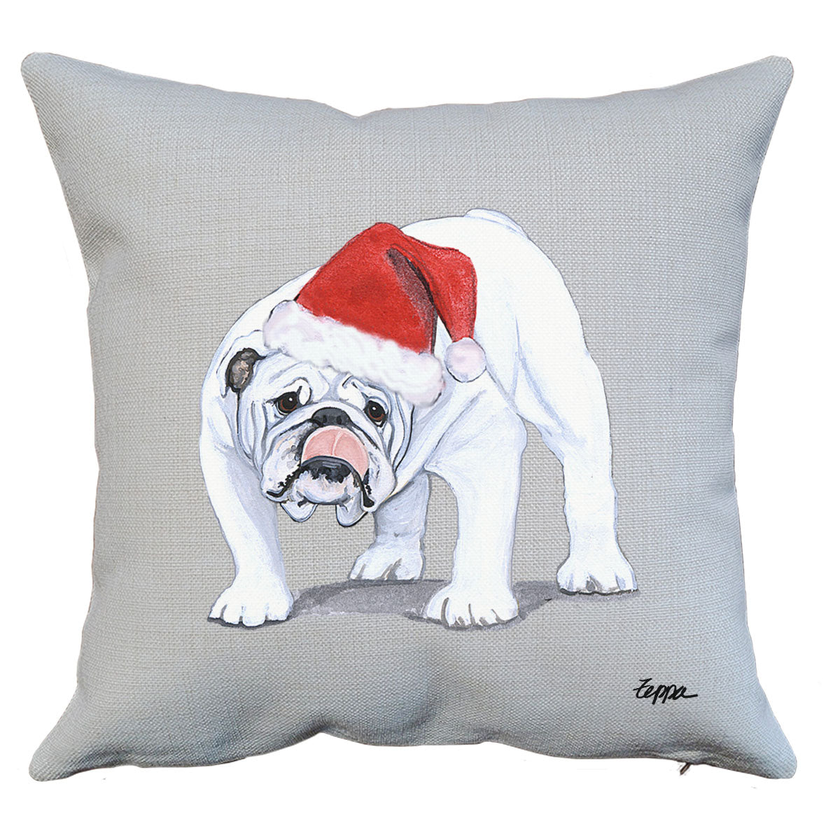 White Bulldog Santa Pillow