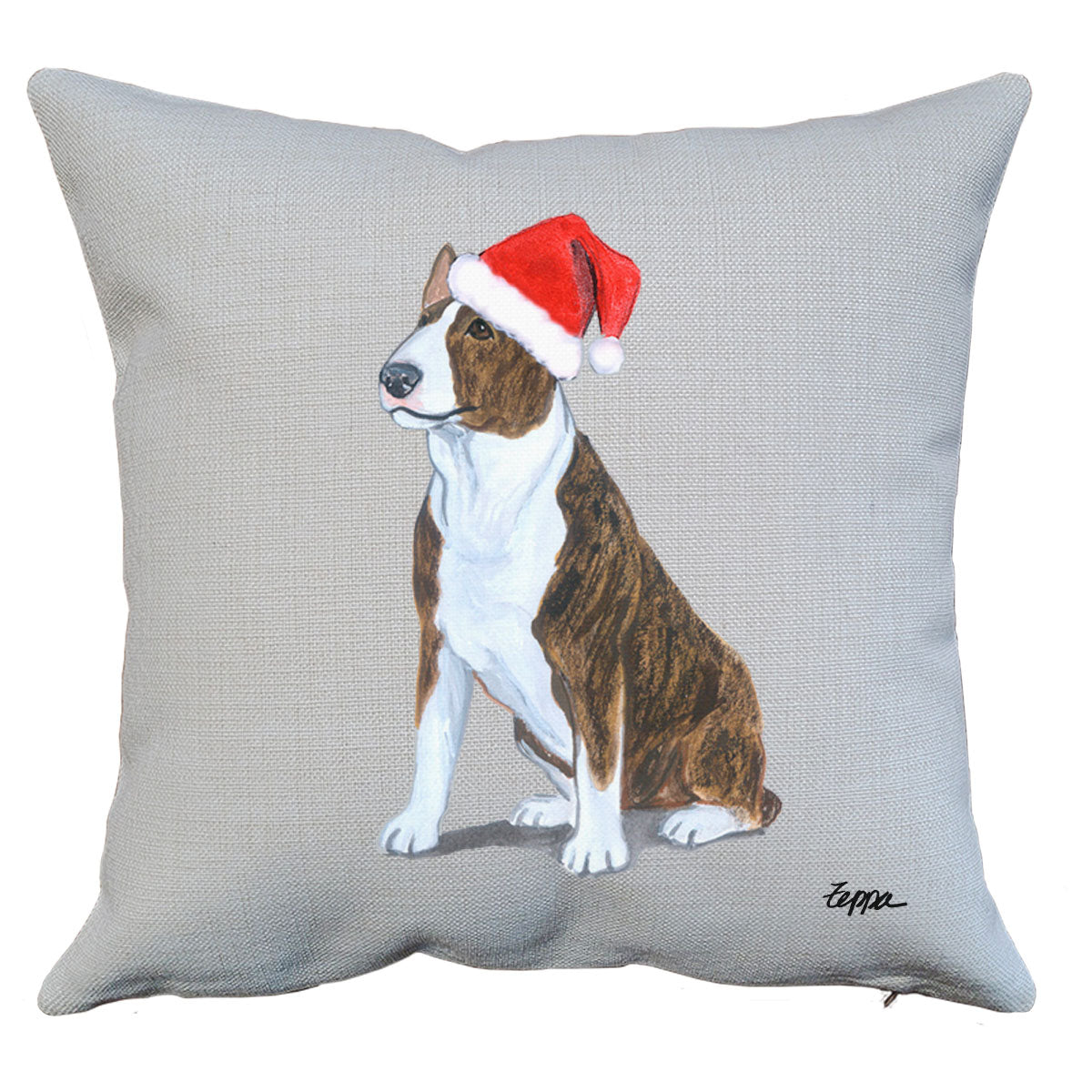 Brindle and white Bull Terrier Santa Pillow