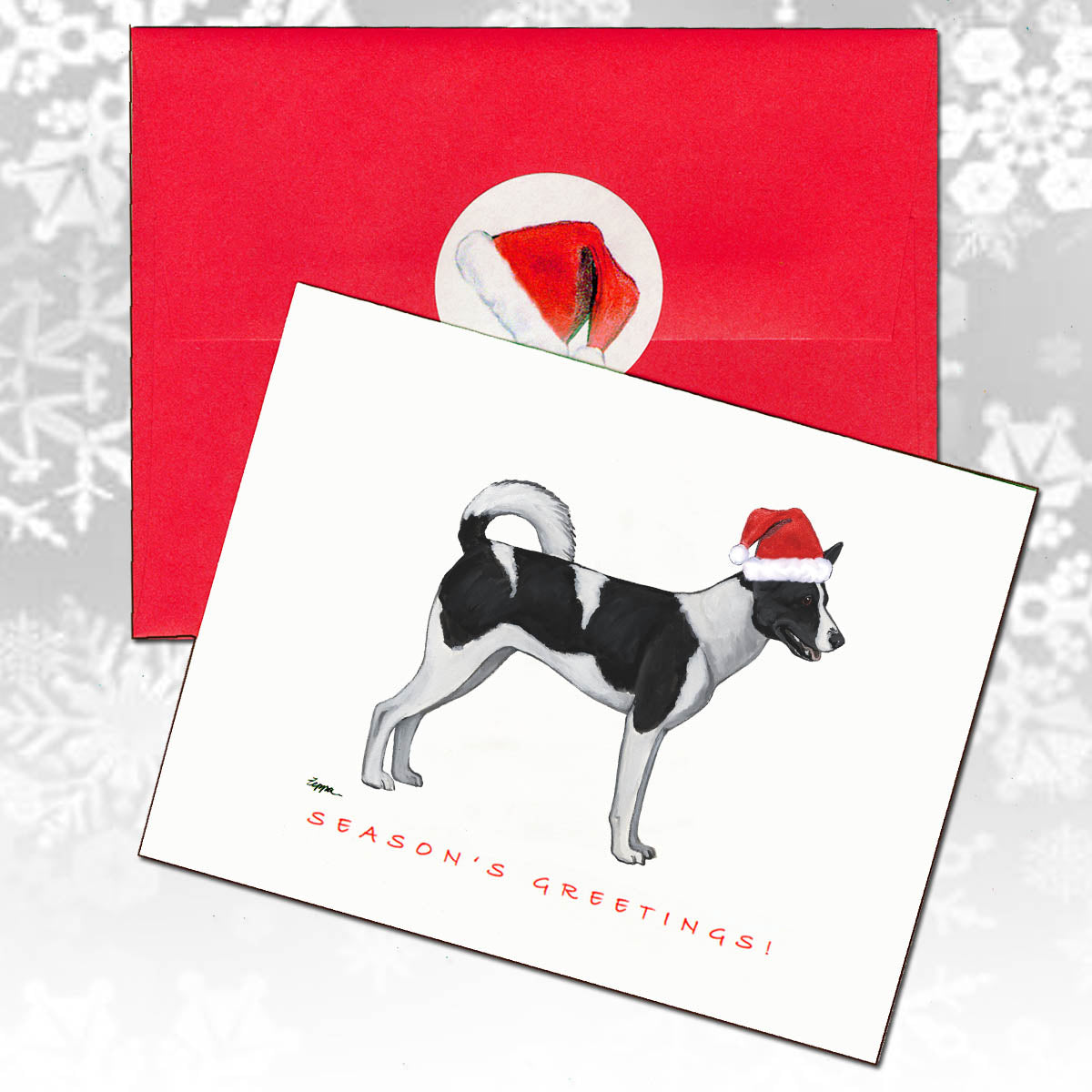 Christmas card with a Canaan Dog wearing a Santa hat and red envelope 