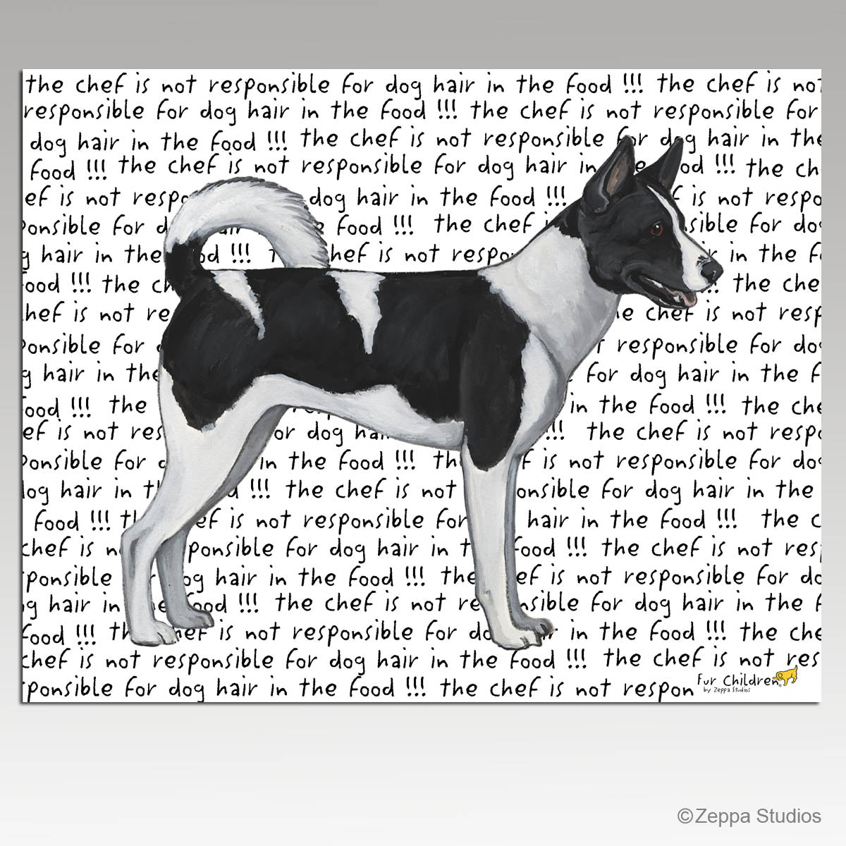 Canaan Dog "chef is not responsible for dog hair in the food" tempered glass cutting board.