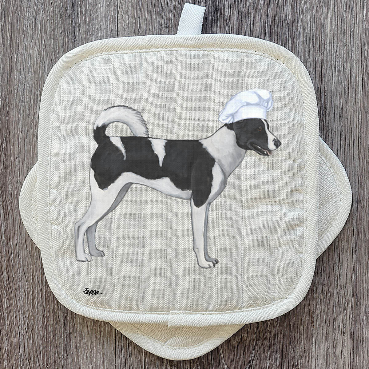 Potholder with a Canaan Dog  wearing a chef's hat.