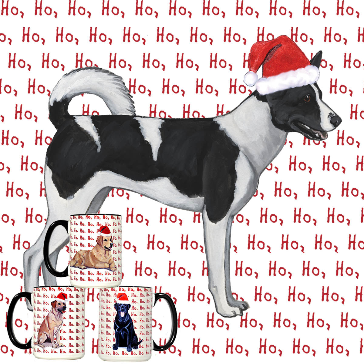Canaan Dog wearing a Santa hat on a 'Ho Ho Ho' mug