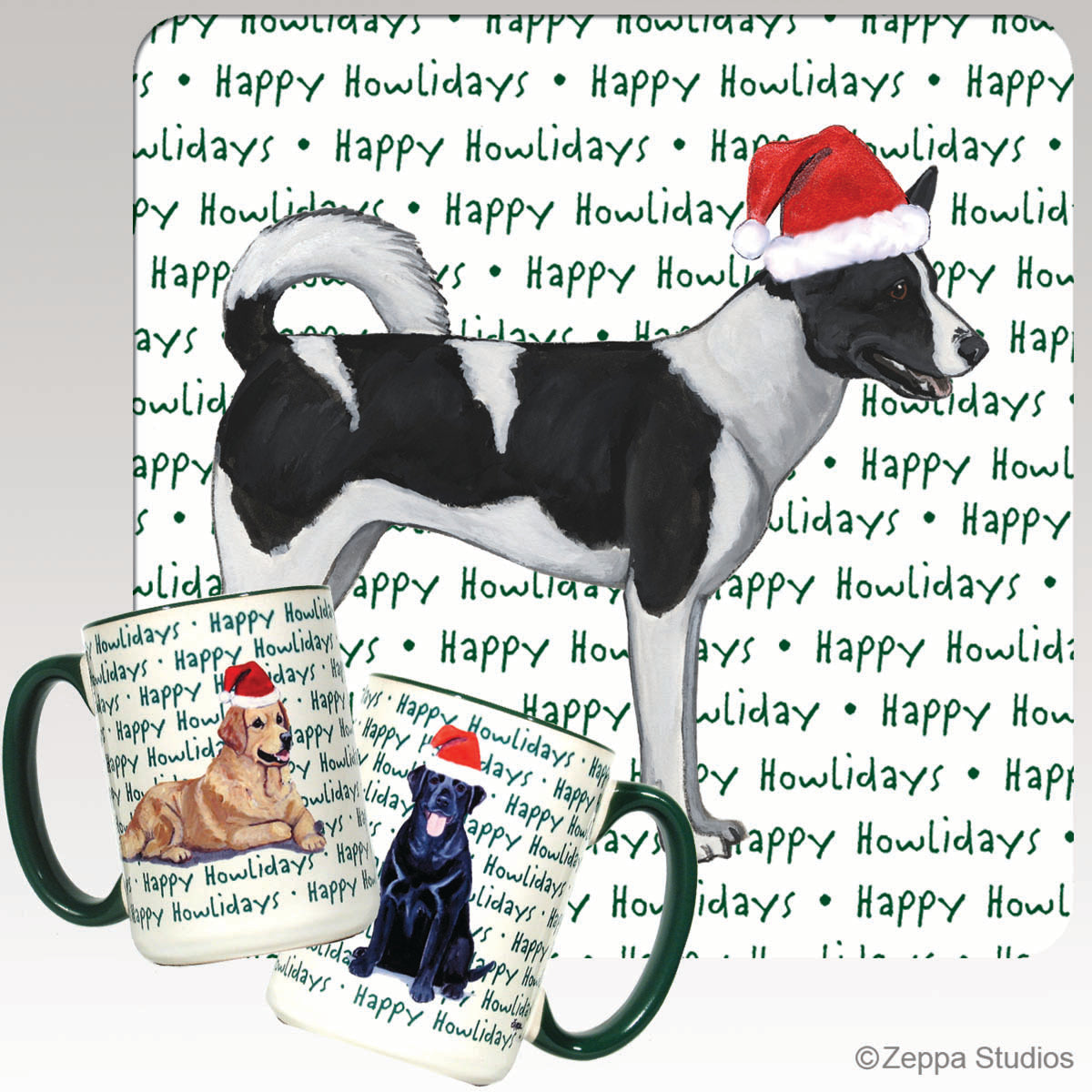 Canaan Dog wearing a Santa hat on a 'Happy Howlidays' Mug