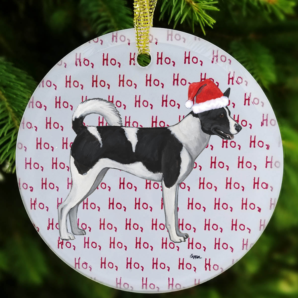 Canaan Dog wearing a Santa hat on a 'Ho Ho Ho' glass ornament