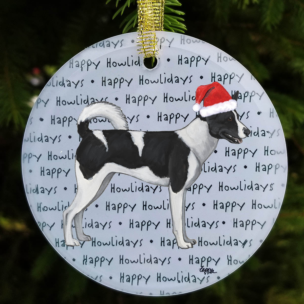 Canaan Dog wearing a Santa hat on a 'Happy Howlidays' Gass Ornament