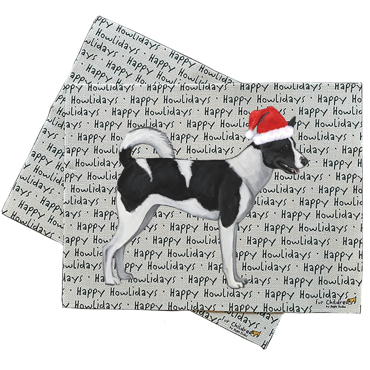 Canaan Dog wearing a Santa hat on a placemat with 'Happy Howlidays' text background