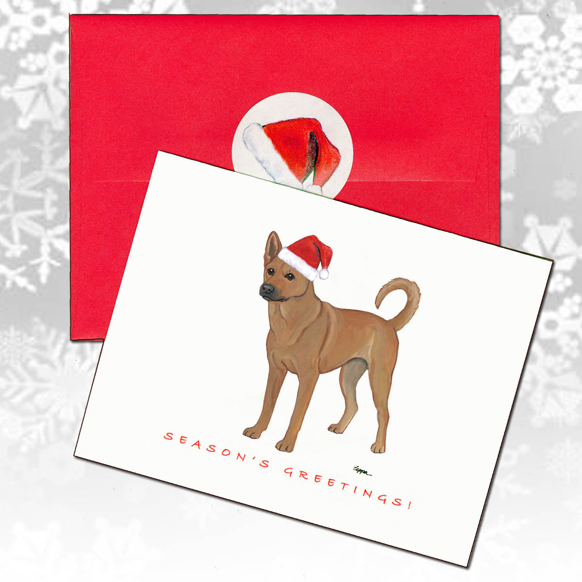 Carolina dog in a Santa hat Christmas card with a red envelope and Santa hat seal.