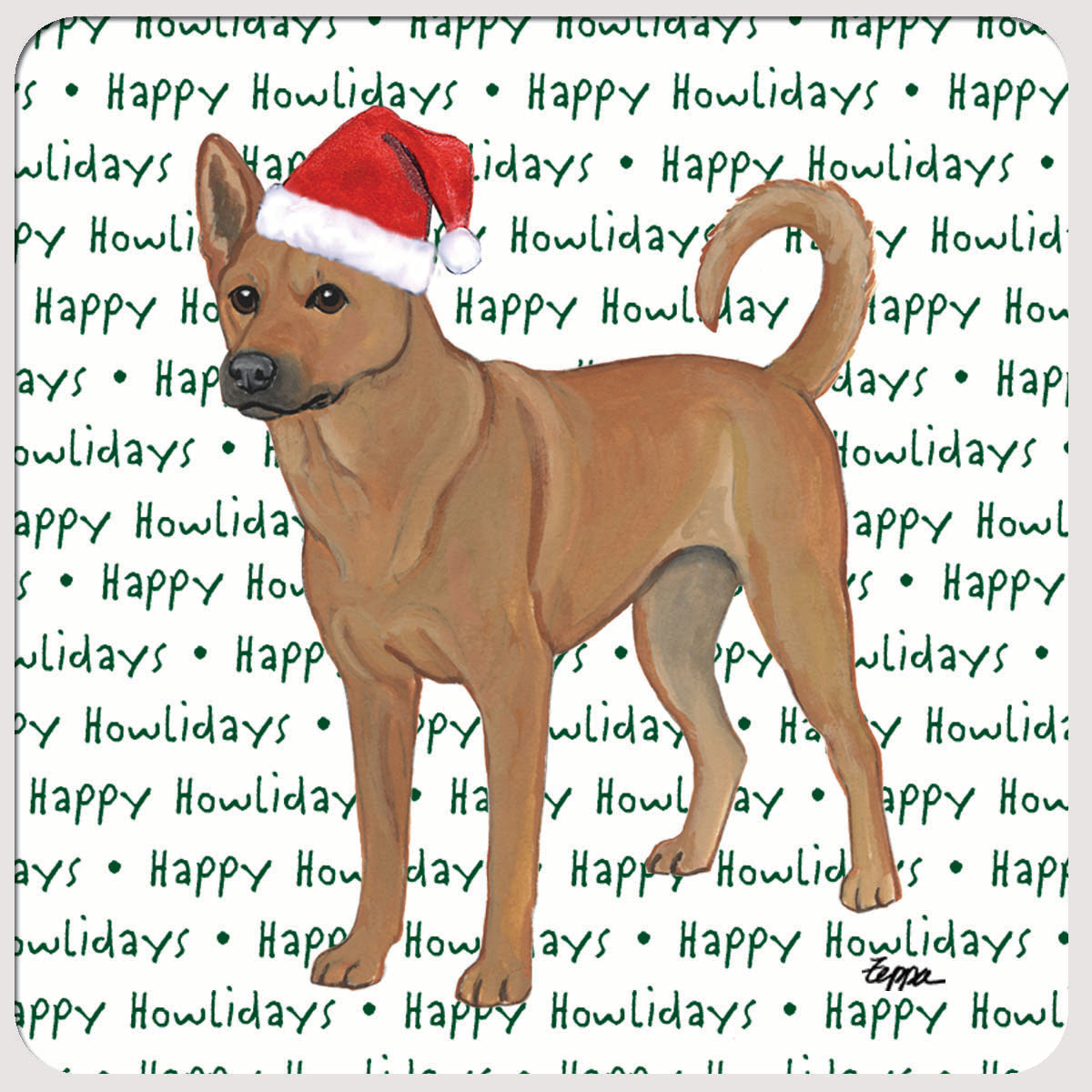 Carolina Dog in a Santa hat on "happy howlidays" text background design for rubber coasters.