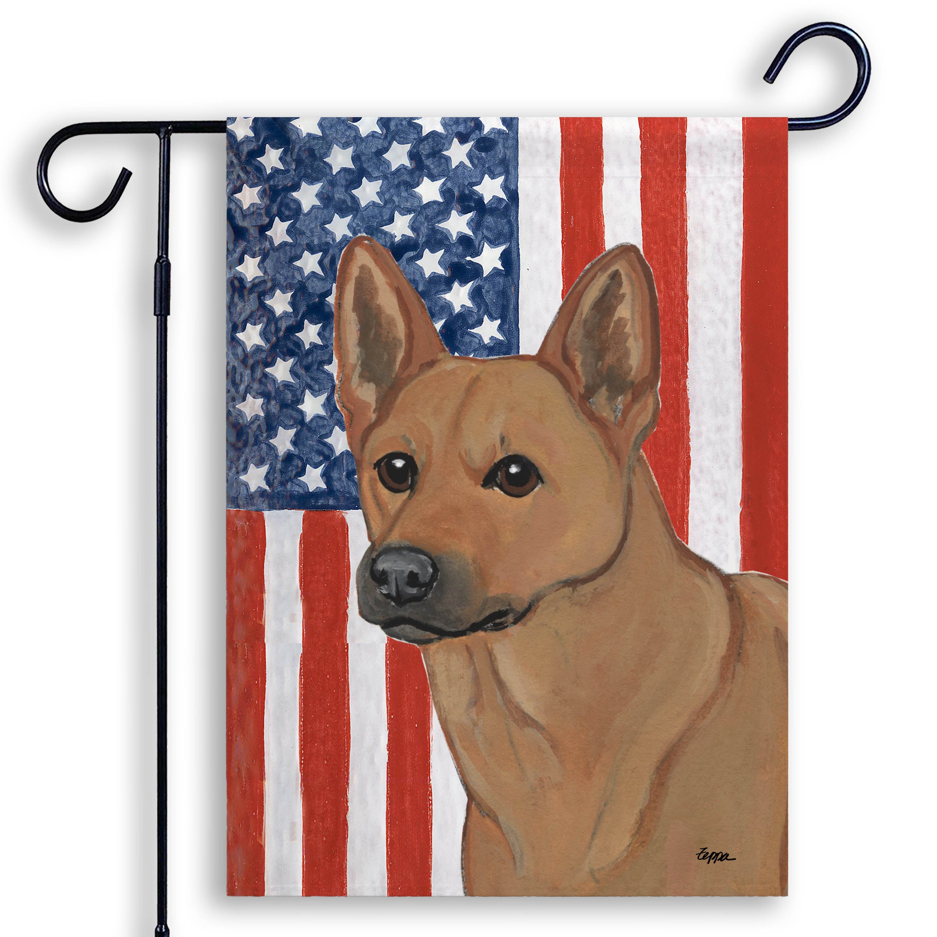 Carolina Dog with an American flag background garden flag.