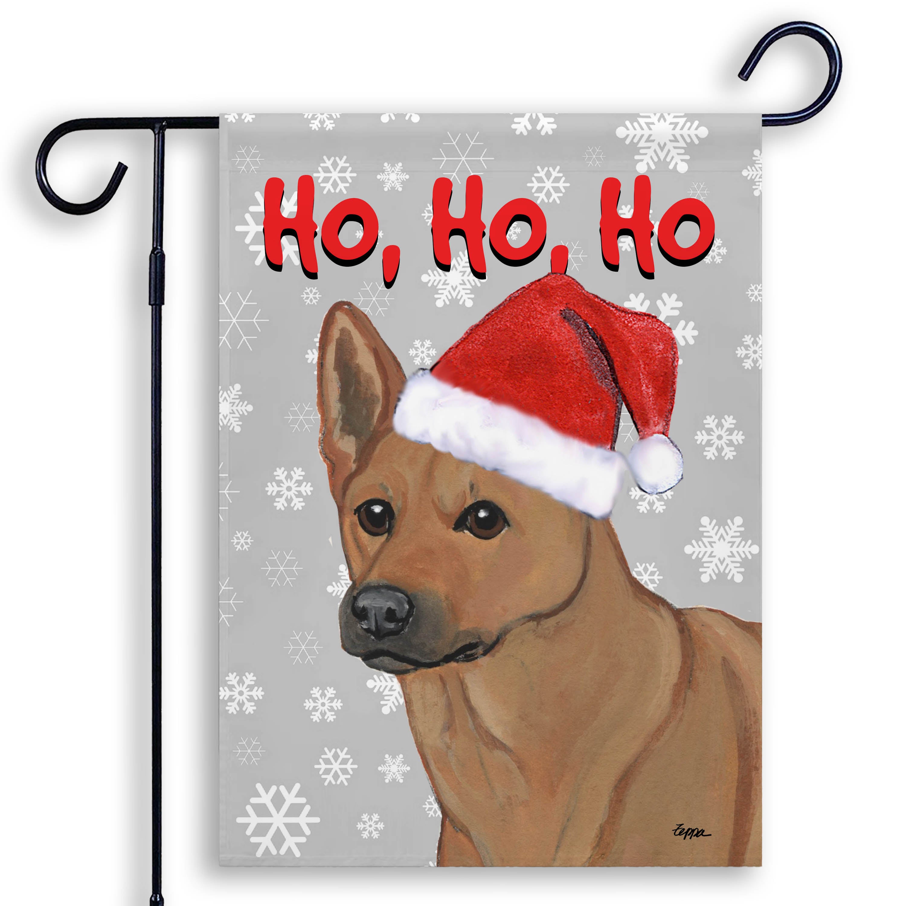 Garden flag with a Carolina dog wearing a Santa hat and 'Ho, Ho, Ho' text on a grey background with snowflakes.