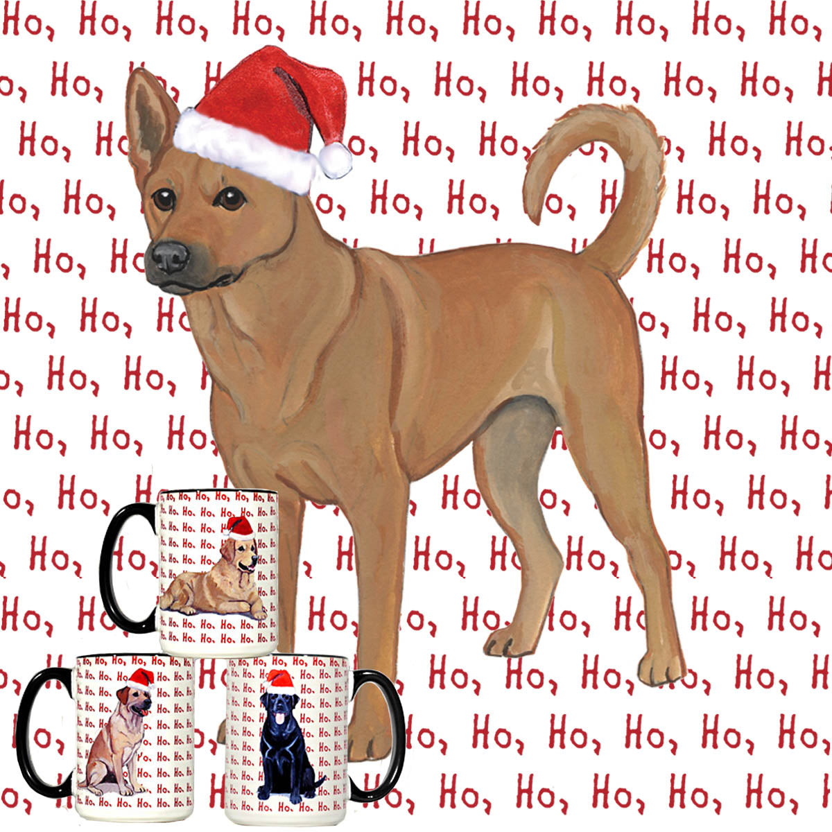 Carolina Dog in a Santa hat on "ho ho ho" text background design for wrap mugs.